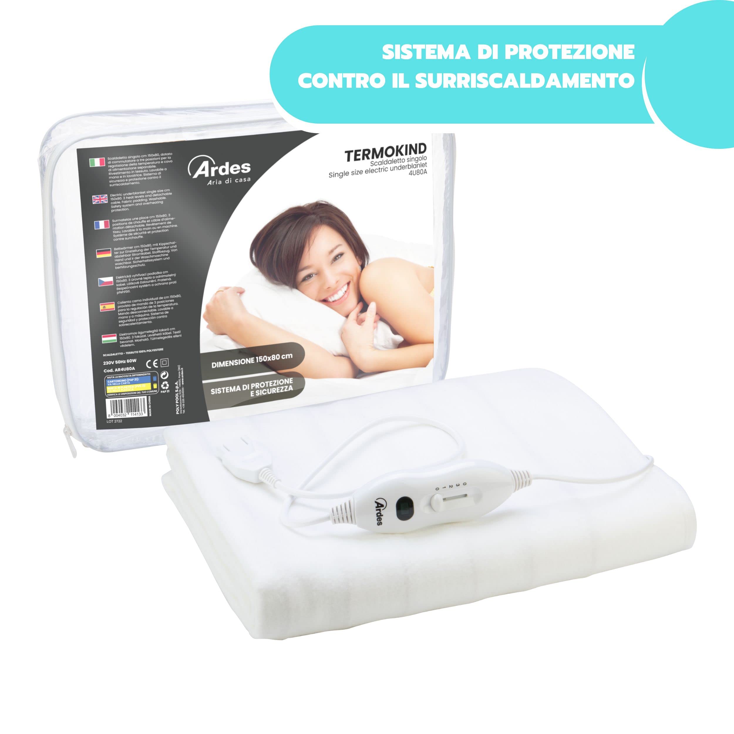ARDES - AR4U140A Chauffe-matelas Simple Électrique TERMOKIND Couverture Chauffante 60W - Surmatelas Chauffant Lit Simple avec Commutateur 3 Positions