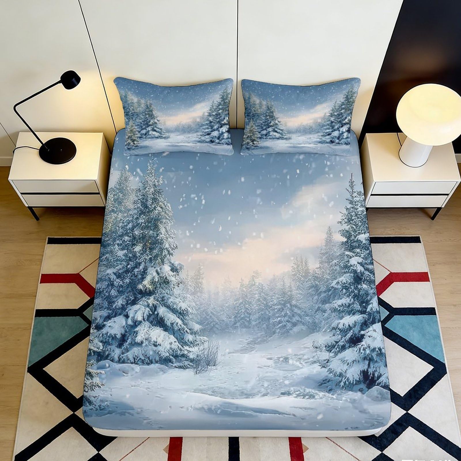 3D Printed Snow Scene Microfiber Fitted Sheet Deep Pocket Non-Slip Bedroom Bedding Pine Mattress Fitted Cover Washable 140x200x25cm
