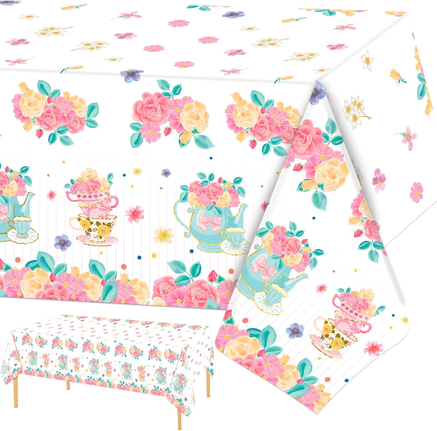 PHOGARY 2 Pieces Tea Party Floral Tablecloth for Party Decoration, Floral Plastic Rectangular Table Covers Flower Tablecloth for Dessert Time Girl Birthday Parties