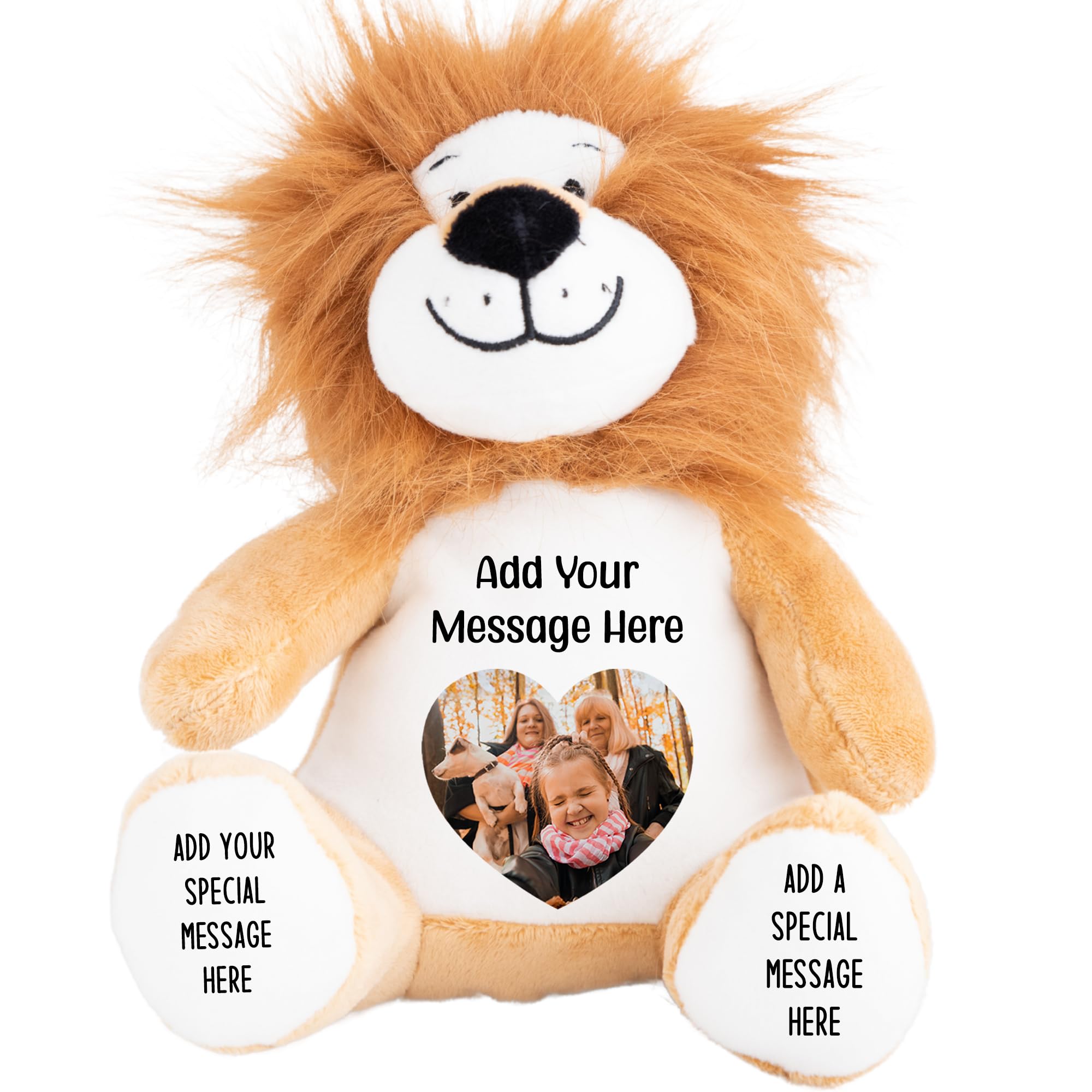 Personalised Photo Teddy Bear – Add Photo on Front & Text on Feet | 28 Styles | Custom Keepsake Gift for Baby, Sympathy, Birthday & More (Brown Lion Teddy Bear)