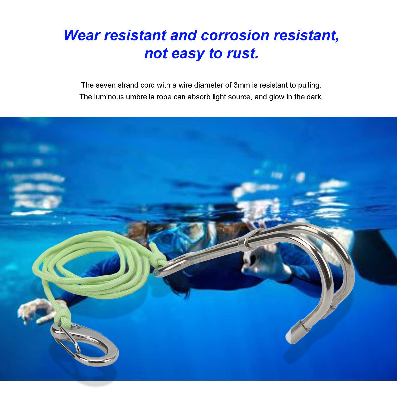 Gancio per Immersione, Cordino Subacquee Anticorrosivo Scuba Drift Hook con Linea Luminosa Gancio per Immersioni Subacquee