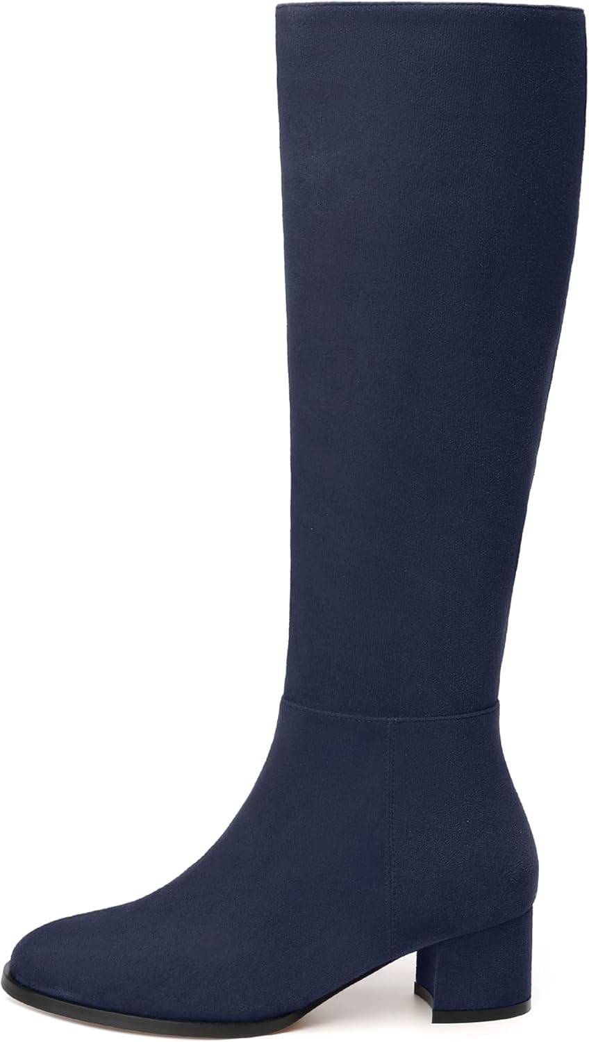 JUSTDANNI Boots for Women Knee High Boots with Low Chunky Block Heels Round Toe Fall Tall Long Boots for Women Party Wedding Work Dating 2 Inches Heeled Boots with Side Zipper