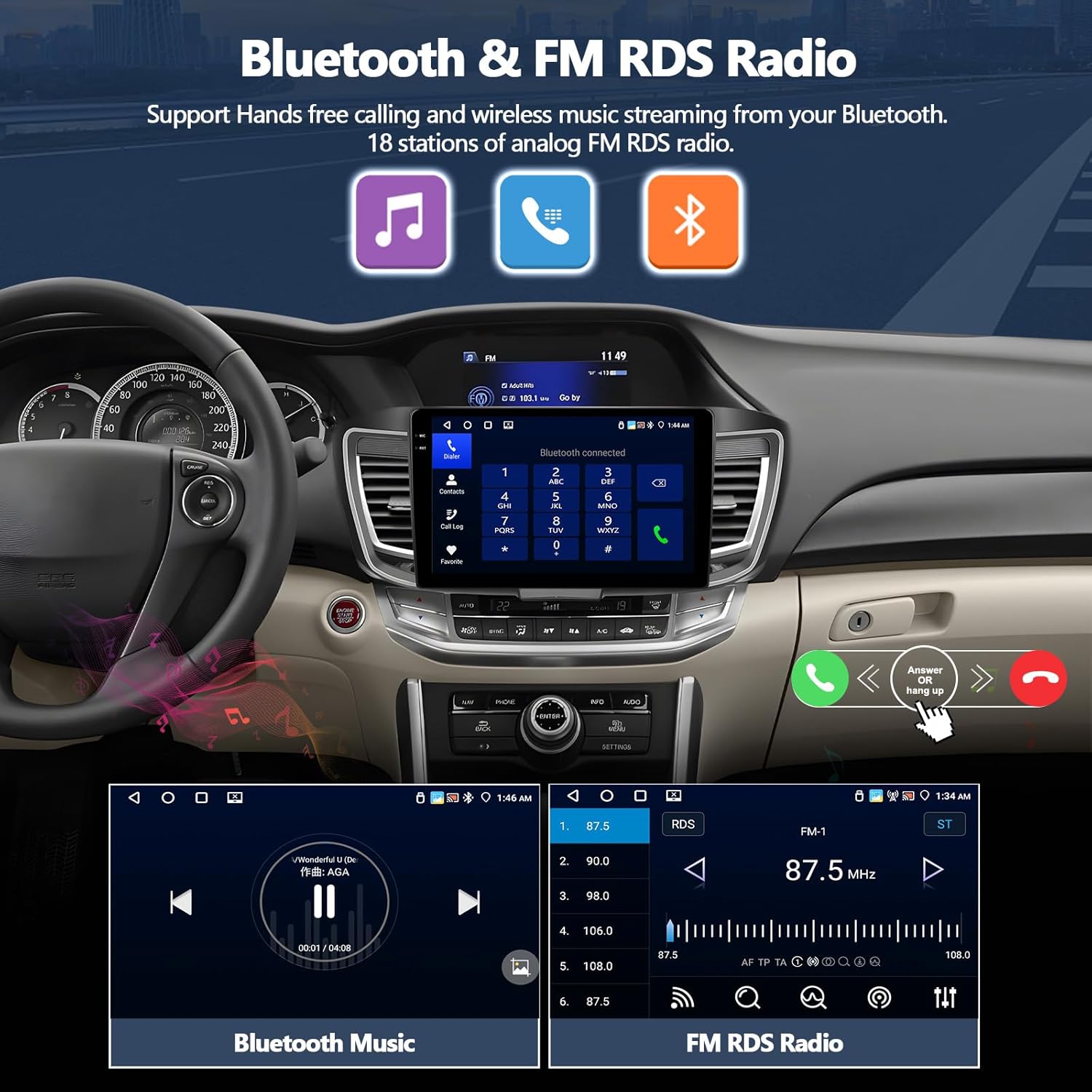 4G+128G Car Stereo for 2016 2017 Honda Accord 9th Radio (for Full Screen), Wireless CarPlay Android Auto, 10 Inch in-Cell 1280 * 720 Touch Screen Head Unit with GPS Bluetooth FM WiFi Backup Camera