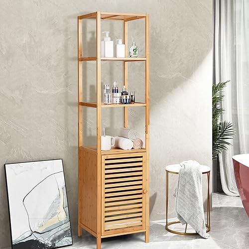 Miniatura 2 de LOKO Gabinete alto de bambú, gabinete de almacenamiento estrecho para baño con estantes de 3 niveles y puerta de obturador, gabinete de torre