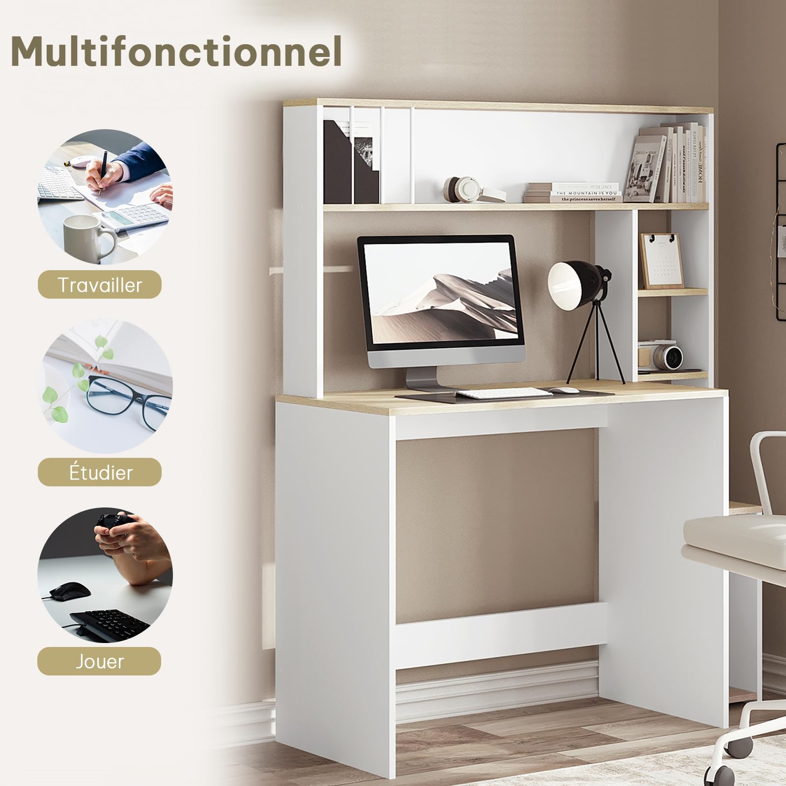 eSituro Bureau avec Étagères, 113x45x139 cm, Blanc et Chêne