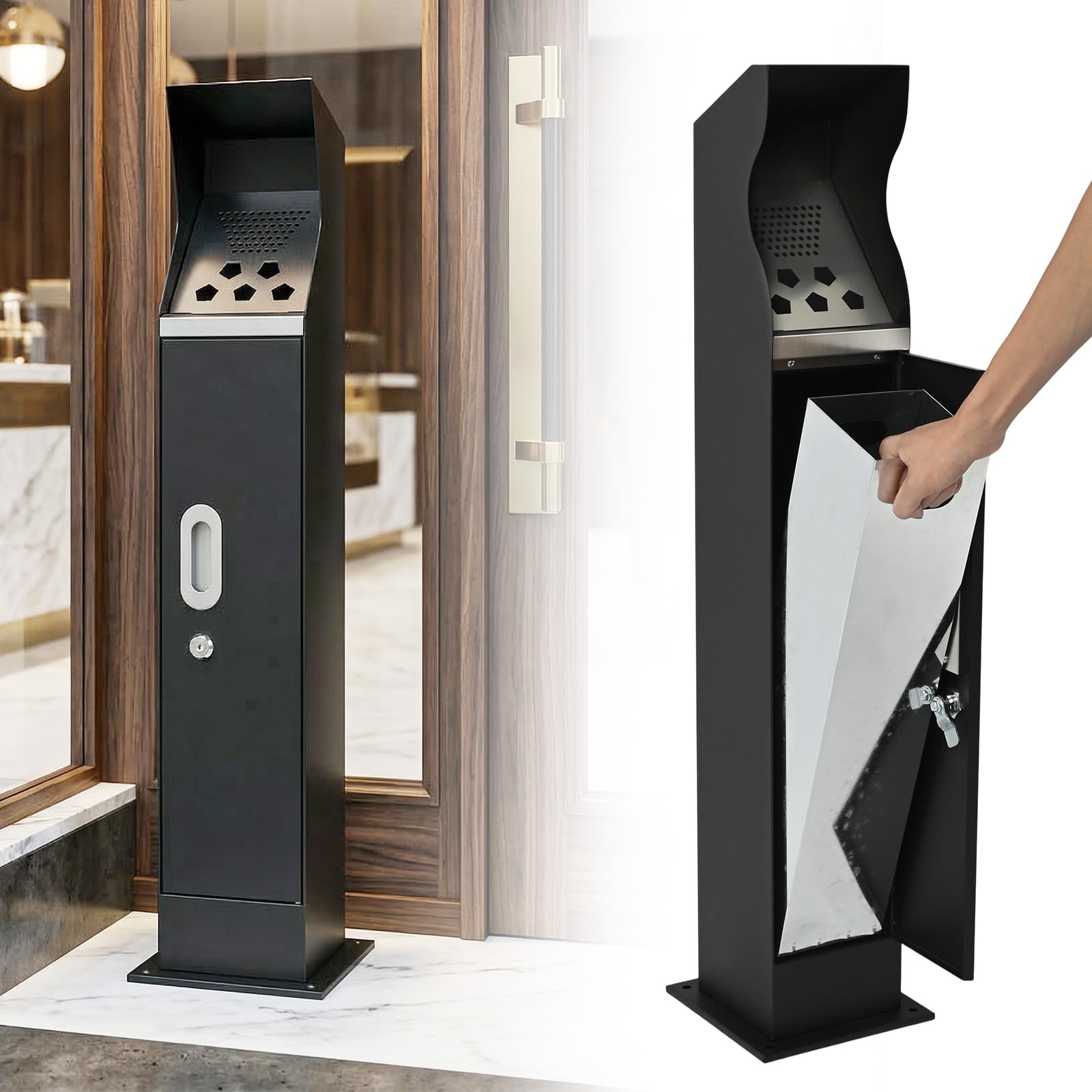 Cubo de basura comercial de 11,6 l con llave, 5 agujeros, con cubo interior extraíble, cubo vertical de acero inoxidable, 17 x 17 x 93 cm, para hotel y restaurante