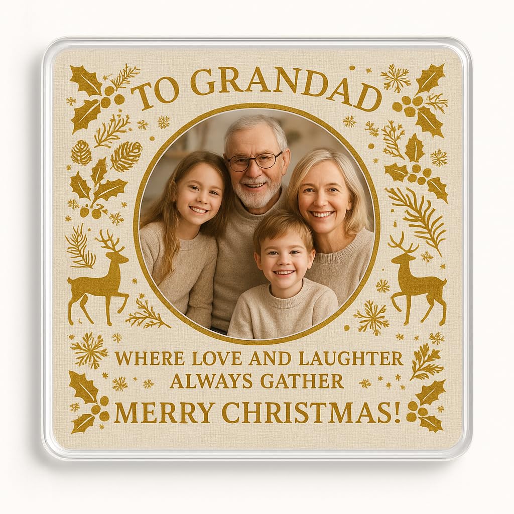 The Plum Penguin Grandad Personalised Photo Acrylic Coaster Gift With Personalised Christmas Family Photo Frame - Elegant Gathered Joy Design For