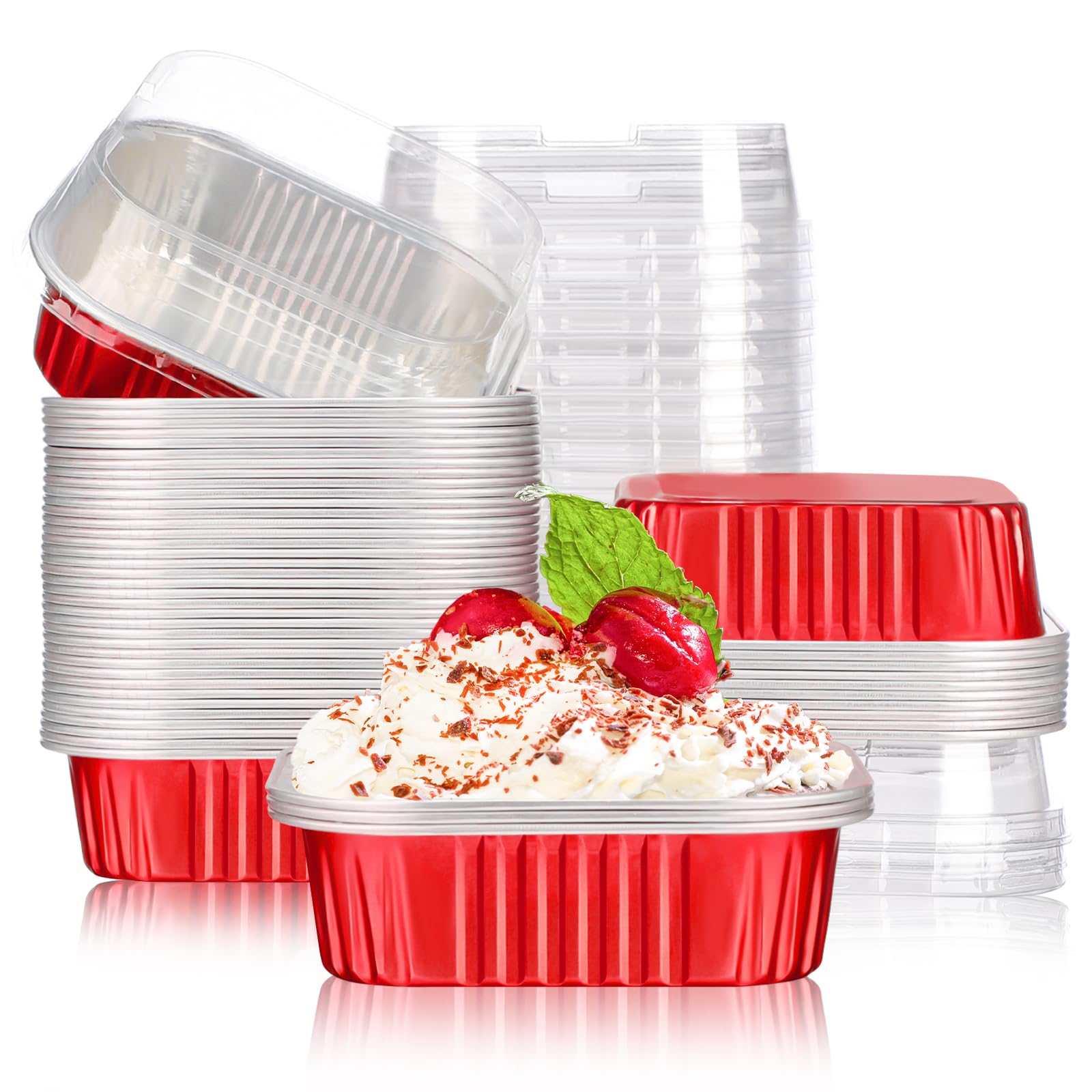 EUSOAR Aluminum Pans with Lids, 12.3oz 360ml 50pcs Aluminum Foil Square Mini Cake Pans with Lids, Brownie Cups,Brownie Desserts Muffin Liners Cupcakes