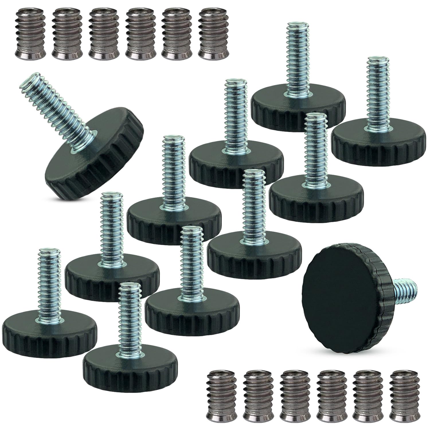 Photo 1 of 1/4" Thread Furniture/Table/Chair/Bar Stool Feet Levelers Screw On for Foot Leveling Glides,1/4-20 Adjustable Leg Levelers Screws in with Threaded Wood Inserts Nuts (12 Sets/Pack)