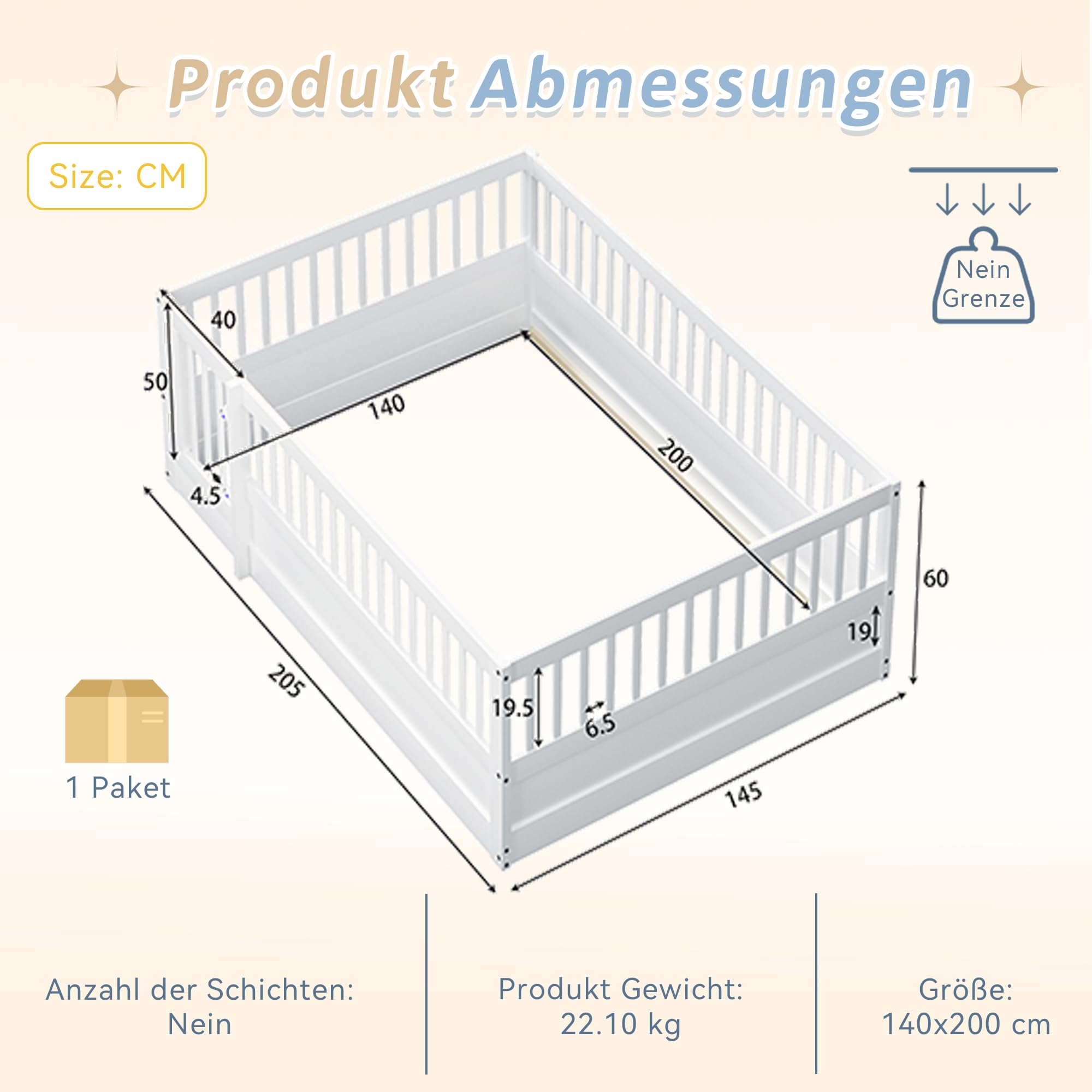 Kinderbett 140x200 cm, Montessori Bodenbett aus Holz mit Gitter und Tür, Kinder Bettgestell mit Rausfallschutz, Niedriges Holzbett für Kinderzimmer, Jungen Mädchen, Weiß
