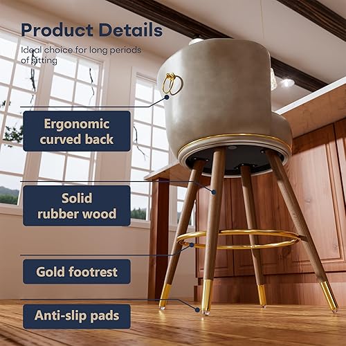 Miniatura 9 de SeekFancy Juego de 2 taburetes de bar de 24 pulgadas, altura de encimera, con respaldo, sillas de bar giratorias 360, patas de madera y reposapiés,