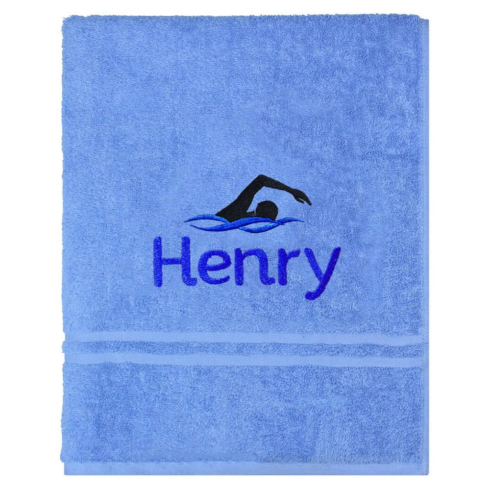 Personalised School Swimming Bath Towel with Embroidered Name (Light Blue)