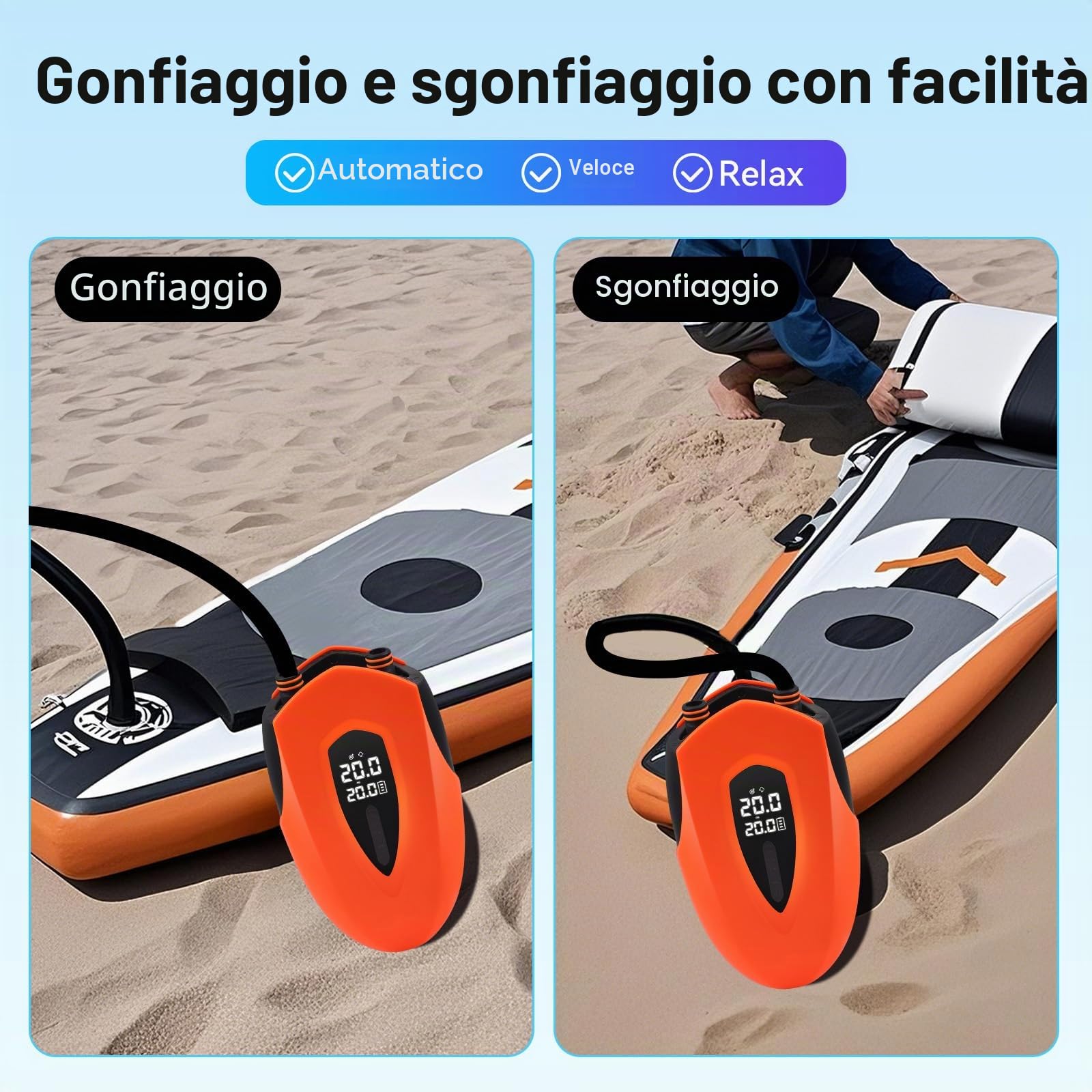 Pompa ad aria elettrica, 20 psi, ad alta pressione, pompa ad aria elettrica SUP, 12000 mAh, batteria ricaricabile, con luce LED, 12 V DC, per gommoni, materassi ad aria
