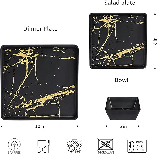 Miniatura 2 de Juego de vajilla de melamina – 12 piezas de platos cuadrados y cuencos para 4, uso en interiores y exteriores, apto para lavavajillas, negro