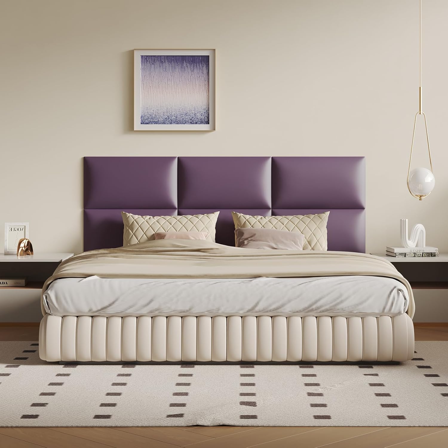 Light Purple Faux Leather Peel and Stick Headboard Kit - 6-Panel Wall Mount Bed Backboard for Queen/King Size Beds, 24"x12" Removable Panels (Easy Installation) 6 Light Purple