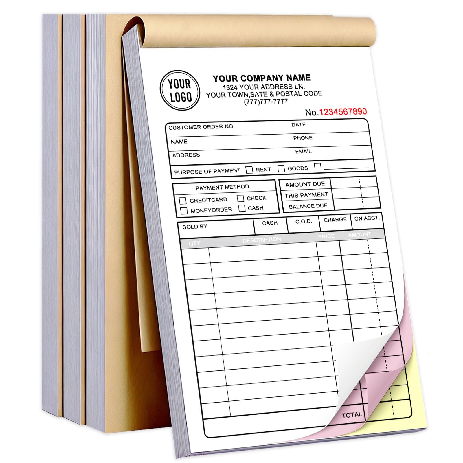 Custom Invoice Book with Logo 100 Set Personalized Receipt Books Customized Invoices for Small Business 3 - Parts Carbonless Duplicate Invoice Forms NCR Books