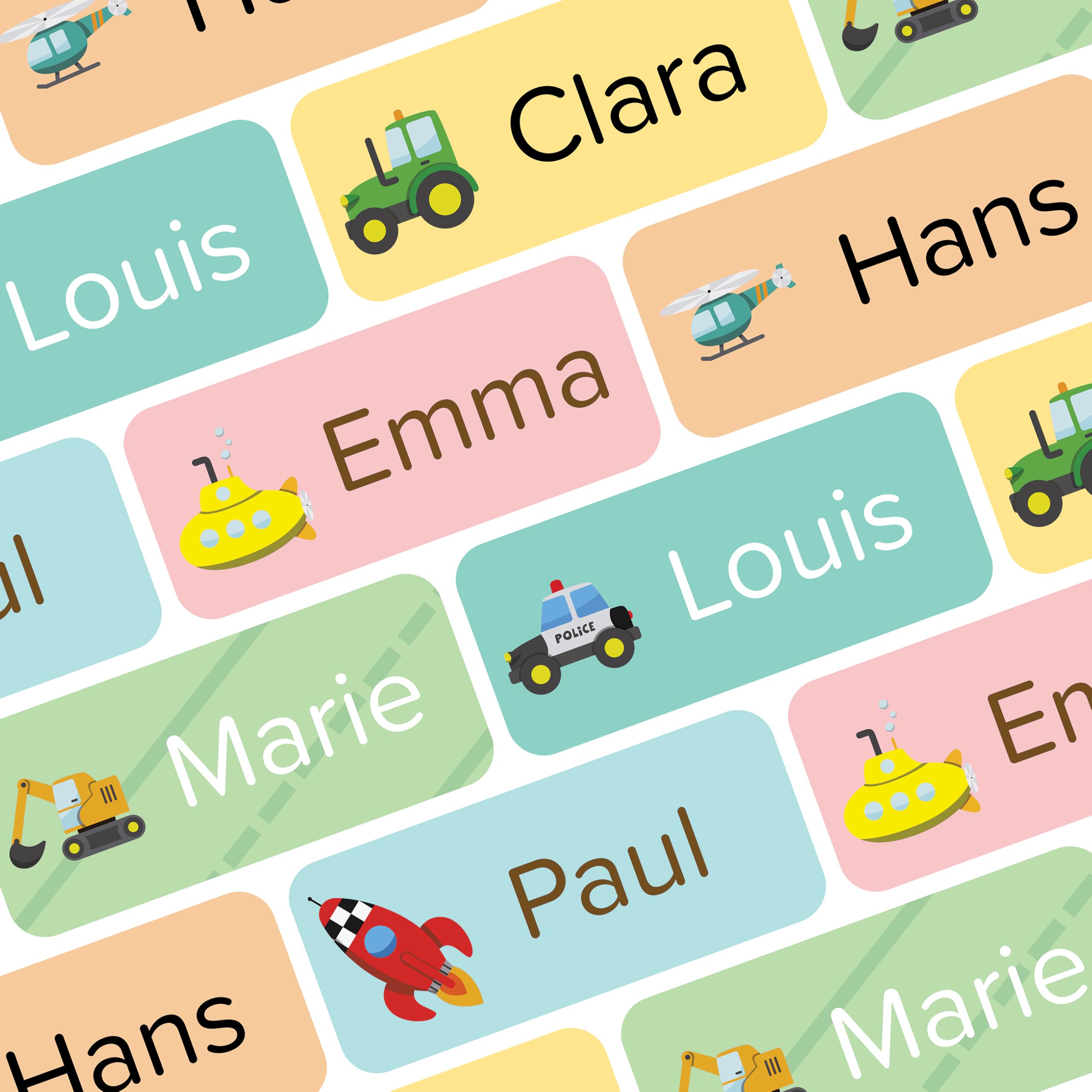 Personalised Name Labels for School Supplies (70 pcs) No-Iron Stickers for Children - School Labels - Fits with washlabel, Books, Pen, Boxes (Motor)
