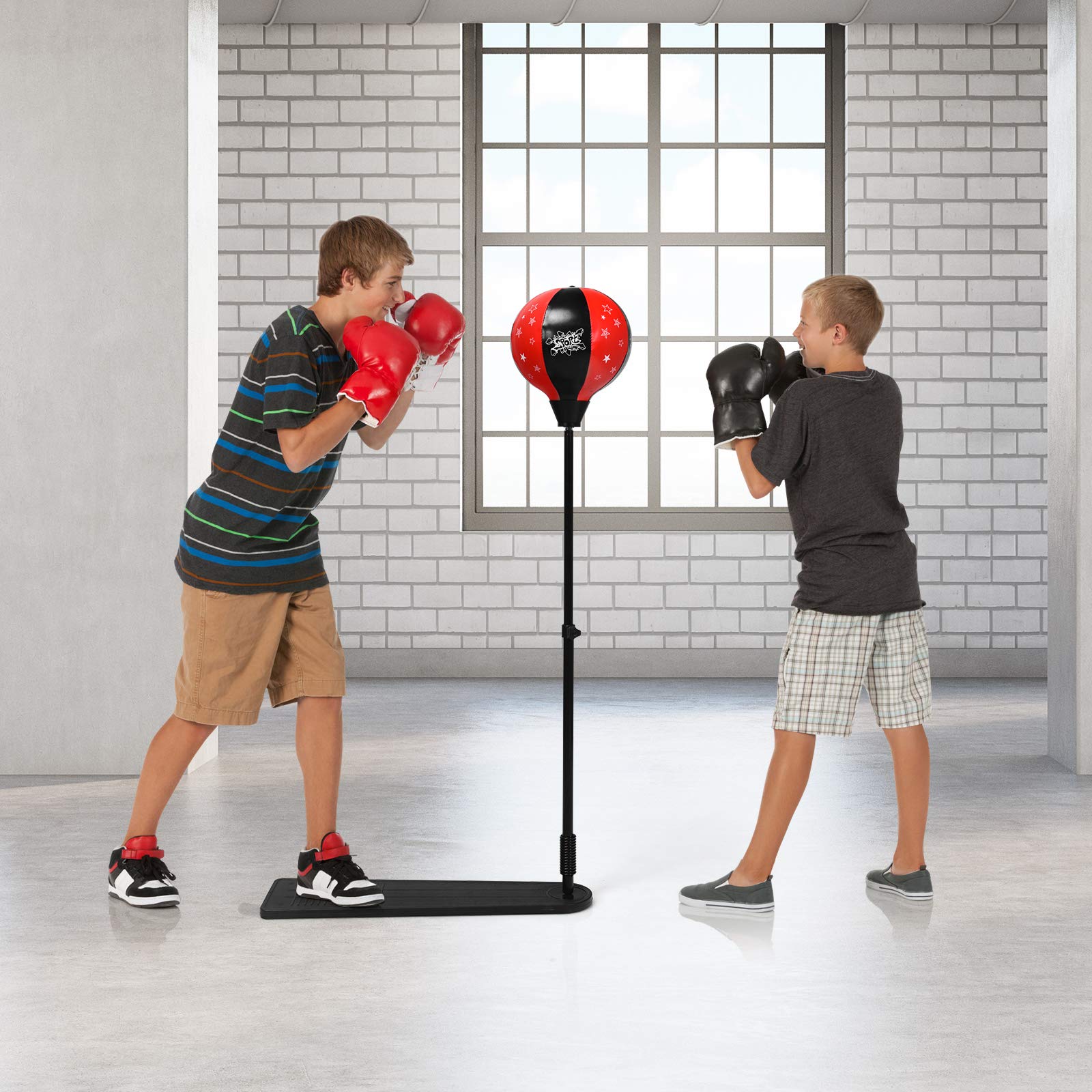 RELAX4LIFE Juego de Boxeo de Tierra con Guantes de Boxeo, Saco de Boxeo para niños de más de 8 años, Base Robusta y Altura Ajustable, con Bomba Manual, 66 x 24 x 85-130 cm, Negro y Rojo
