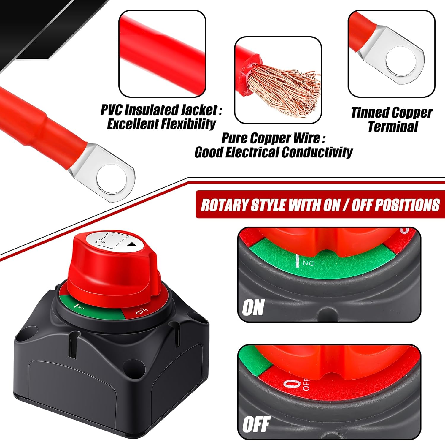 Battery Switch 12v-48v with 2 Awg 12 Inch Inverter Cables Set 3/8 Inch Lugs Waterproof Power Generator Switch Battery Disconnect Isolator for Car Vehicle Rv Marine Boat