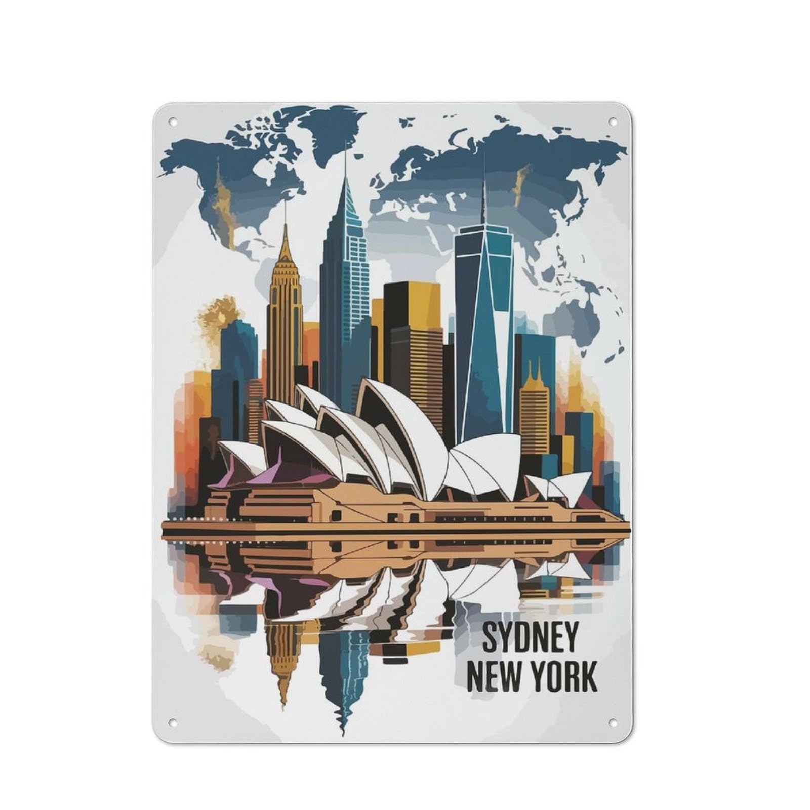 Junmoney Sydney And New York Cityscape Illustration Tin Wall Sign, Bright Printed Design, For Man Cave, Tool Wall Or Office Corner, 40X30cm