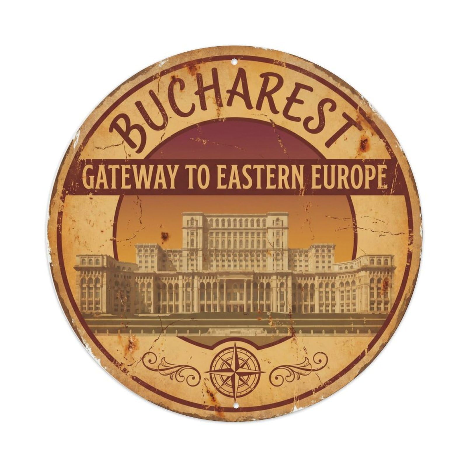 Vintage Travel Bucharest Parliament Palace Metal Tin Sign Plaque Wall Decor for Cafe, Club Bar, Office, Home Garden Round Metal Poster 8x8Inch