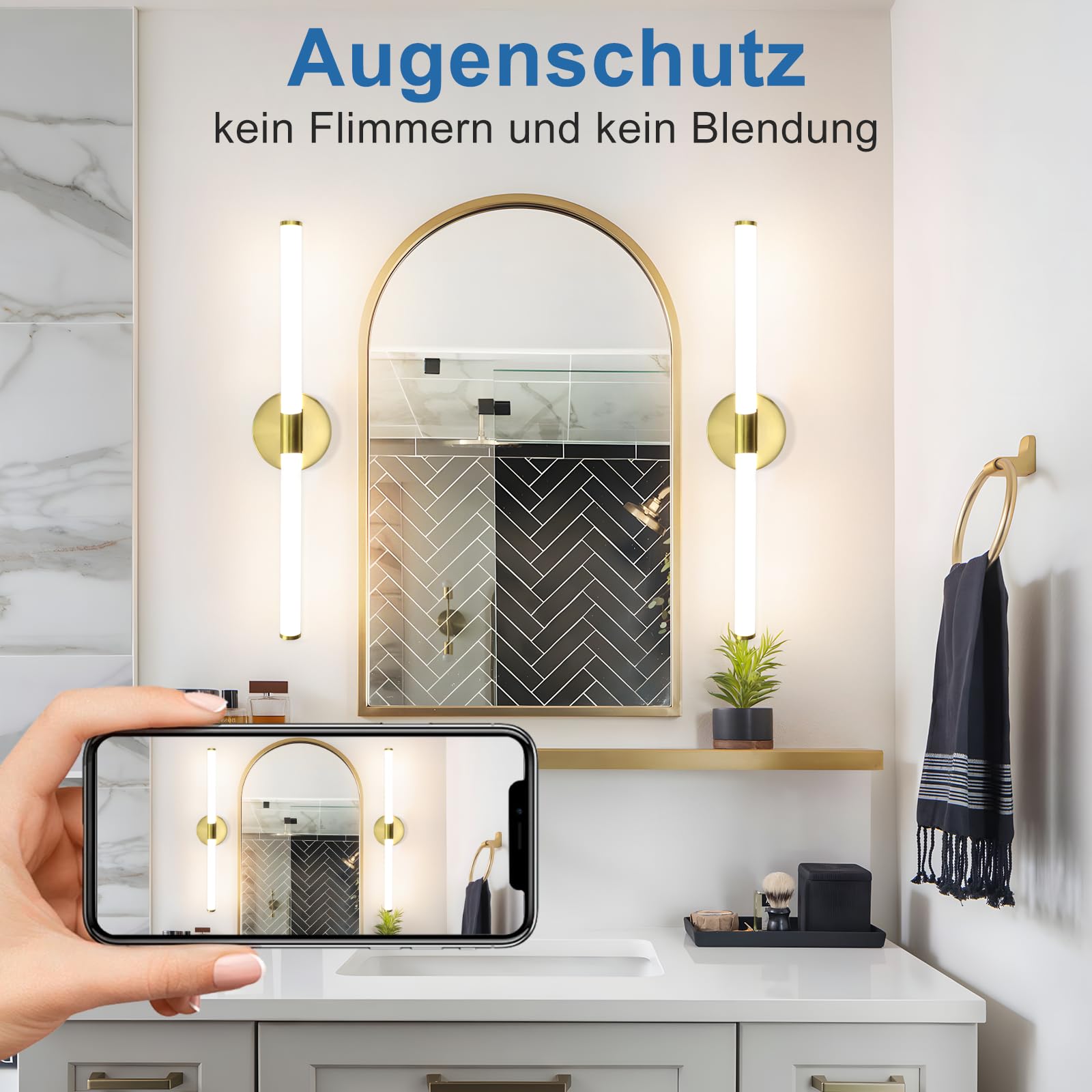 LED Spiegelleuchte Bad Gold Spiegellampe - 60CM Badlampe Wand IP44 Spiegellampe Badezimmer 8W Spiegelschrank Beleuchtung 4000K Neutralweiß Wandlampe über Spiegel für Bad Küche Badschrank