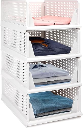 NANANARDOSO Cestas de almacenamiento apilables de plástico, paquete de 4 organizadores de ropa de armario y almacenamiento, cajones de