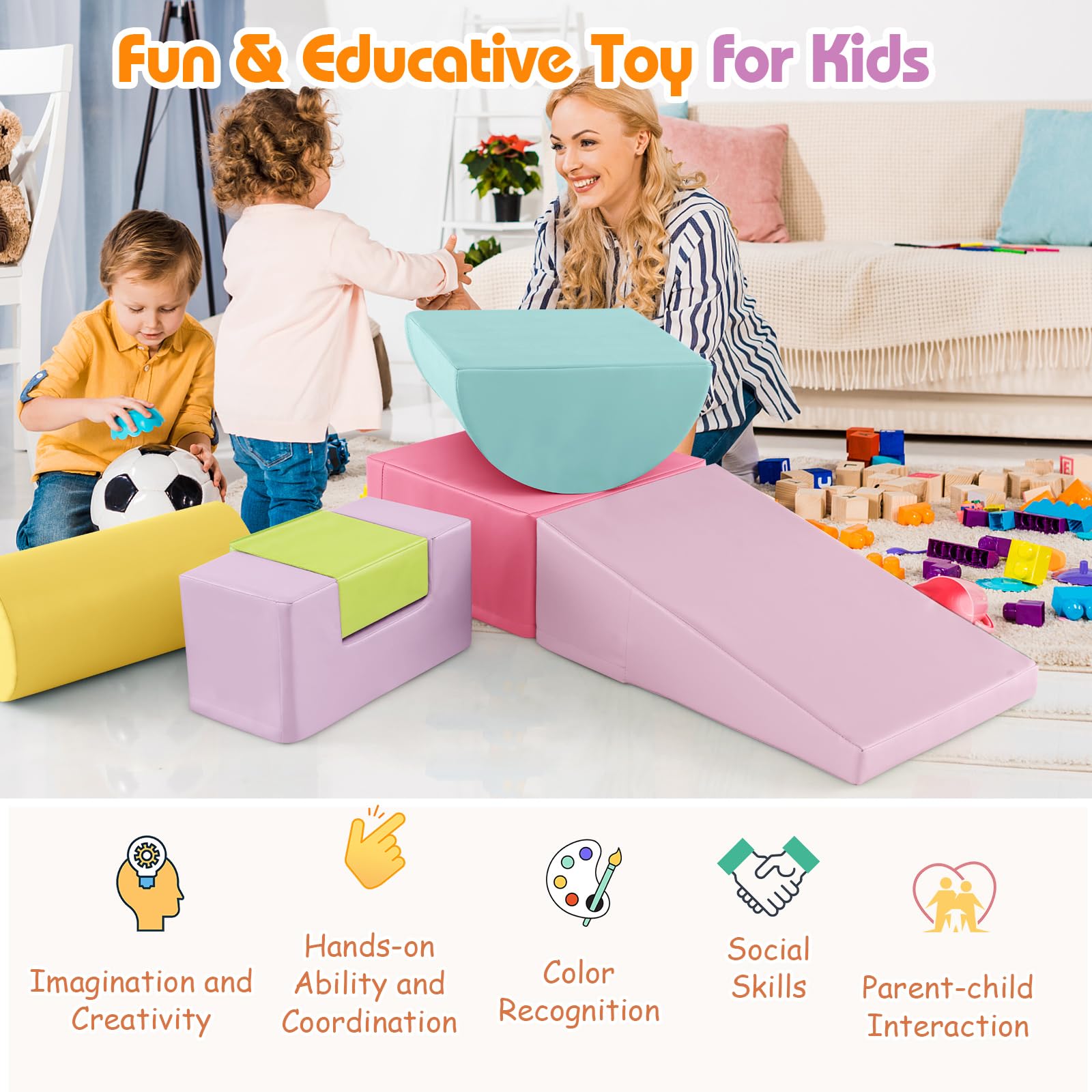 LIFEZEAL Set mit 6 Bausteinen aus Schaumstoff für Kinder, Motorikmodule mit Rutsche, Lernspielzeug aus PU und EPE, für Haus, Kindergarten (bunt 4)