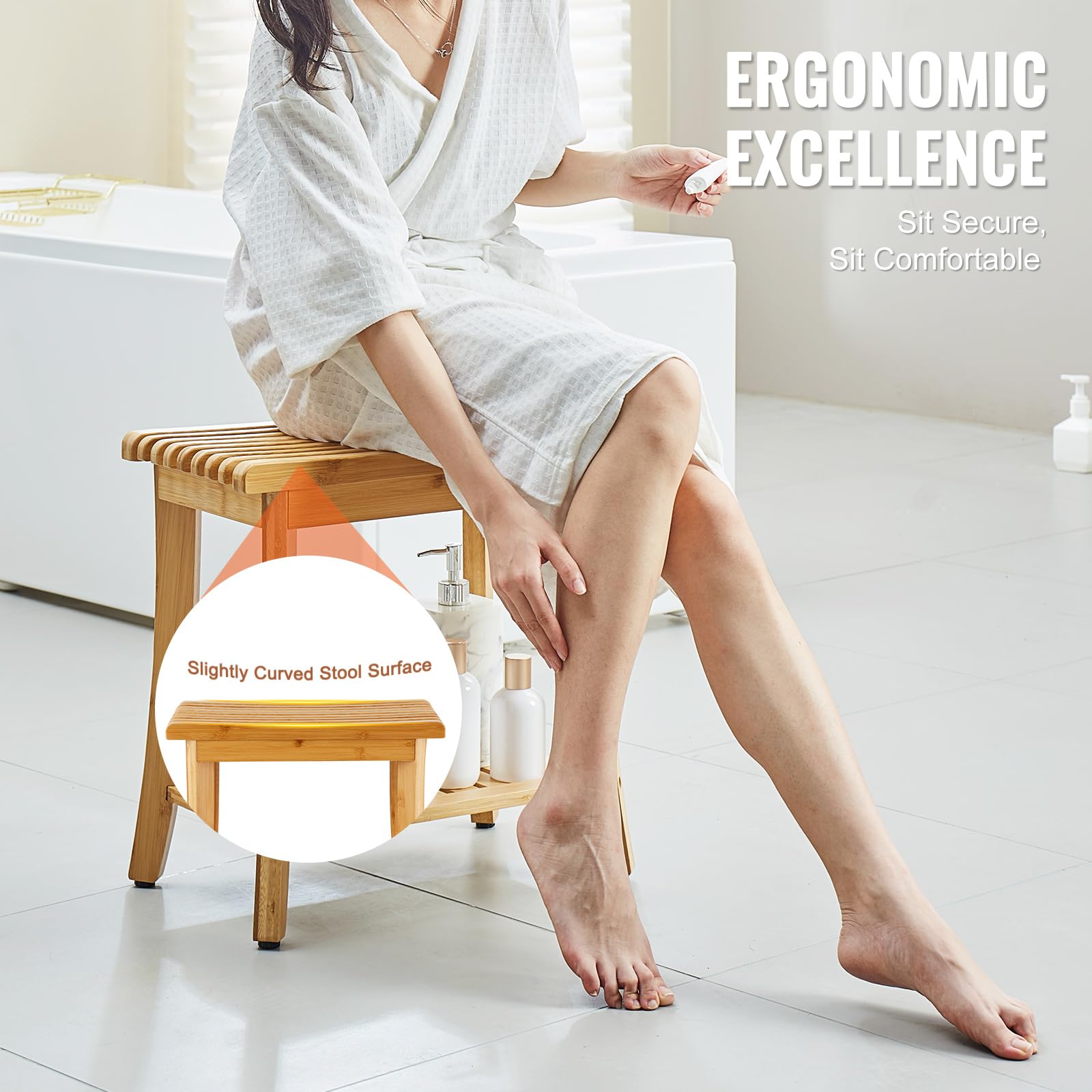 VEVOR Banc de Douche en Bambou, 485 x 288 x 465 mm, Tabouret de Douche étanche avec étagère de Rangement, capacité de 149,7 kg, pour Adultes, Personnes âgées, intérieur et extérieur, Salle de Bain