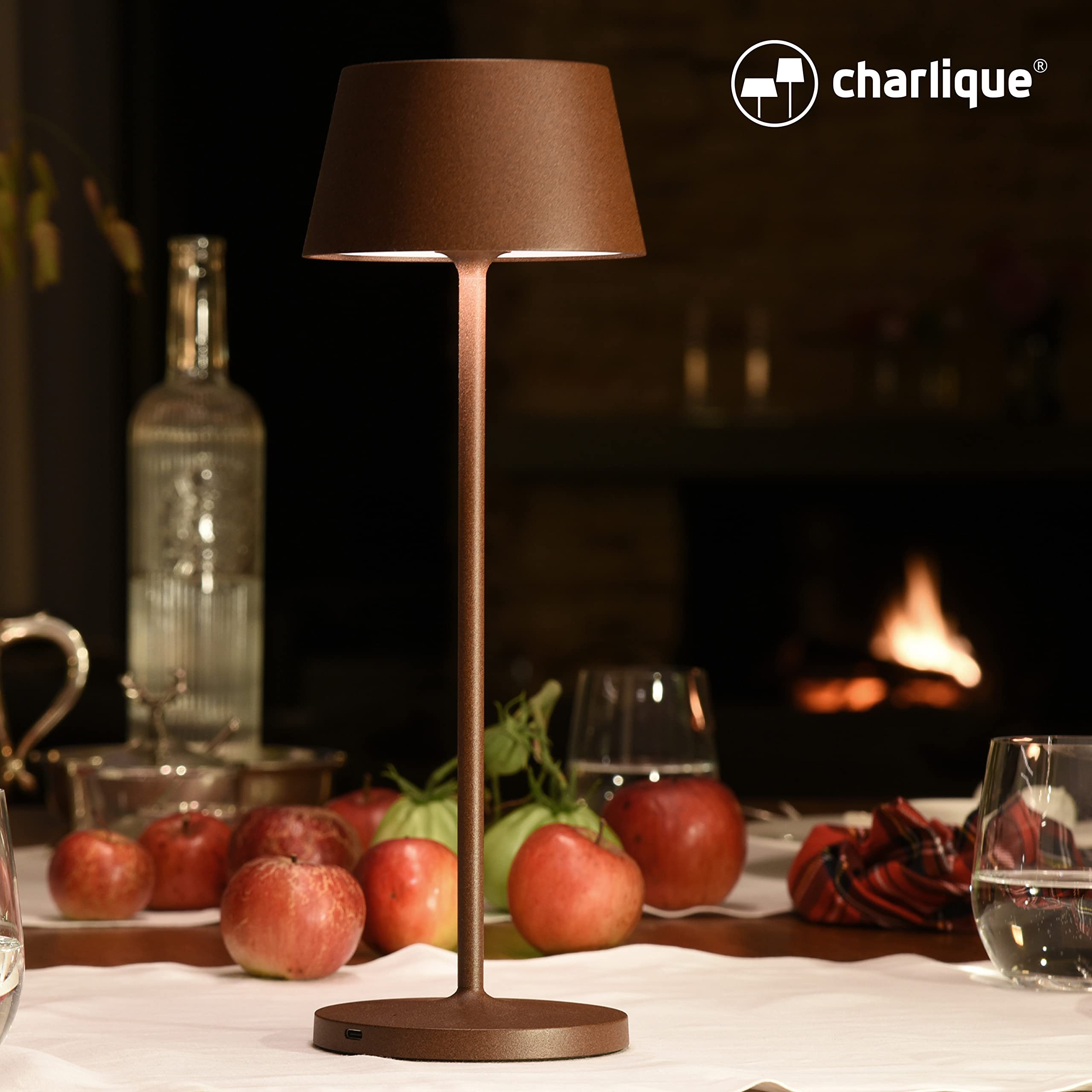 Dinner Light 2 - Lámpara mesa LED con puerto USB en color marrón, con batería extrafuerte y recargable, intensidad regulable, luz cálida, portatil para interior y exterior,