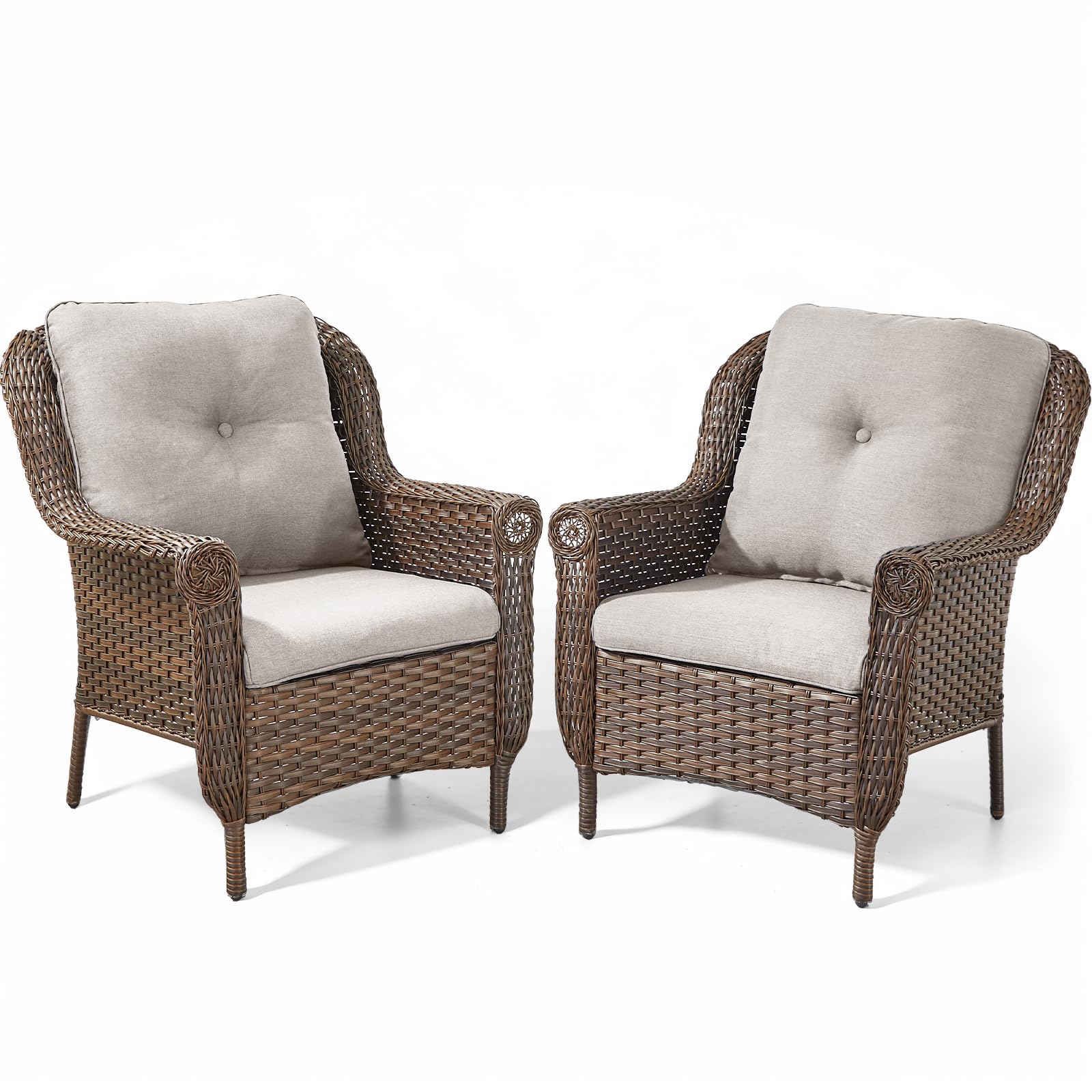 Patio Wicker Chairs Outdoor Furniture Chair - Set of 2 Outside All Weather Lawn Dining Brown Rattan Armchair with High Back&Deep Seating for Deck Porch Balcony Backyard Garden - Beige
