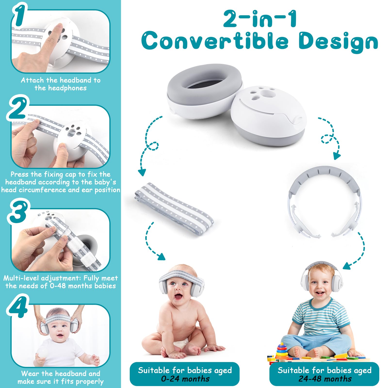 2 in 1 Cuffie Neonato Antirumore Neonati Bambini 0-4 anni Insonorizzate Rumore Aereo Concerto Bambina Protettori Acustici Protezione Udito Acustica Cuffia Morbida Baby Earmuffs + Campanelle da Polso