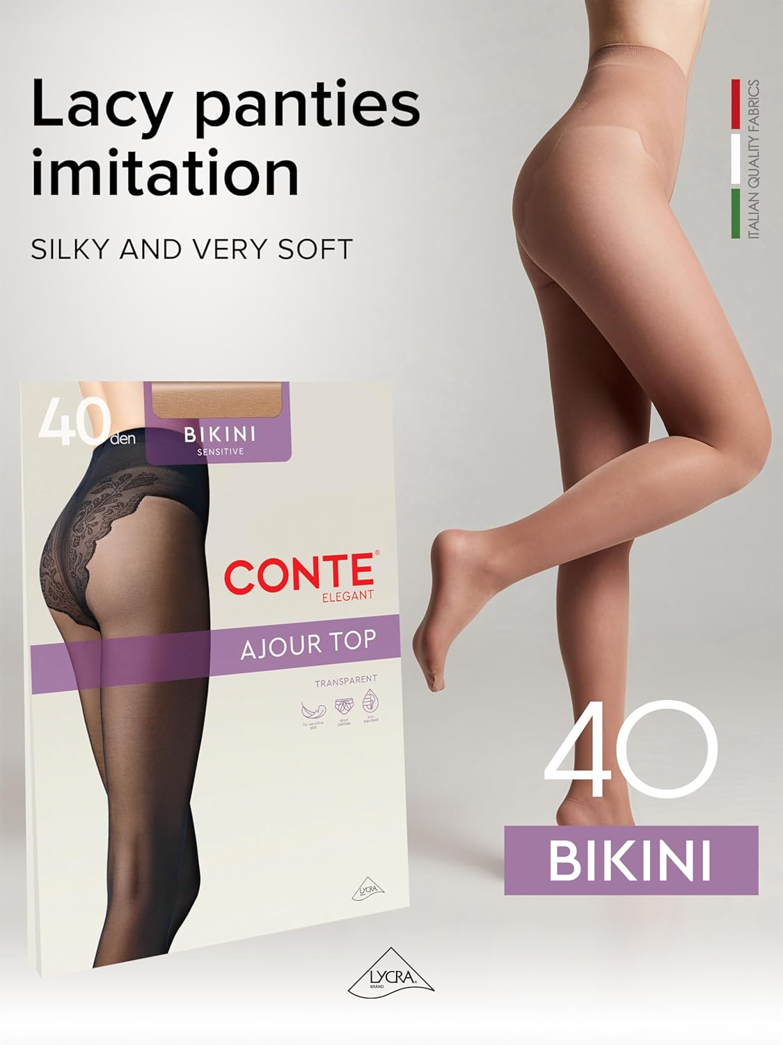 Conte Women's Lace Top Patterned Panties Pantyhose Tights Bikini 40 Den - Image 2