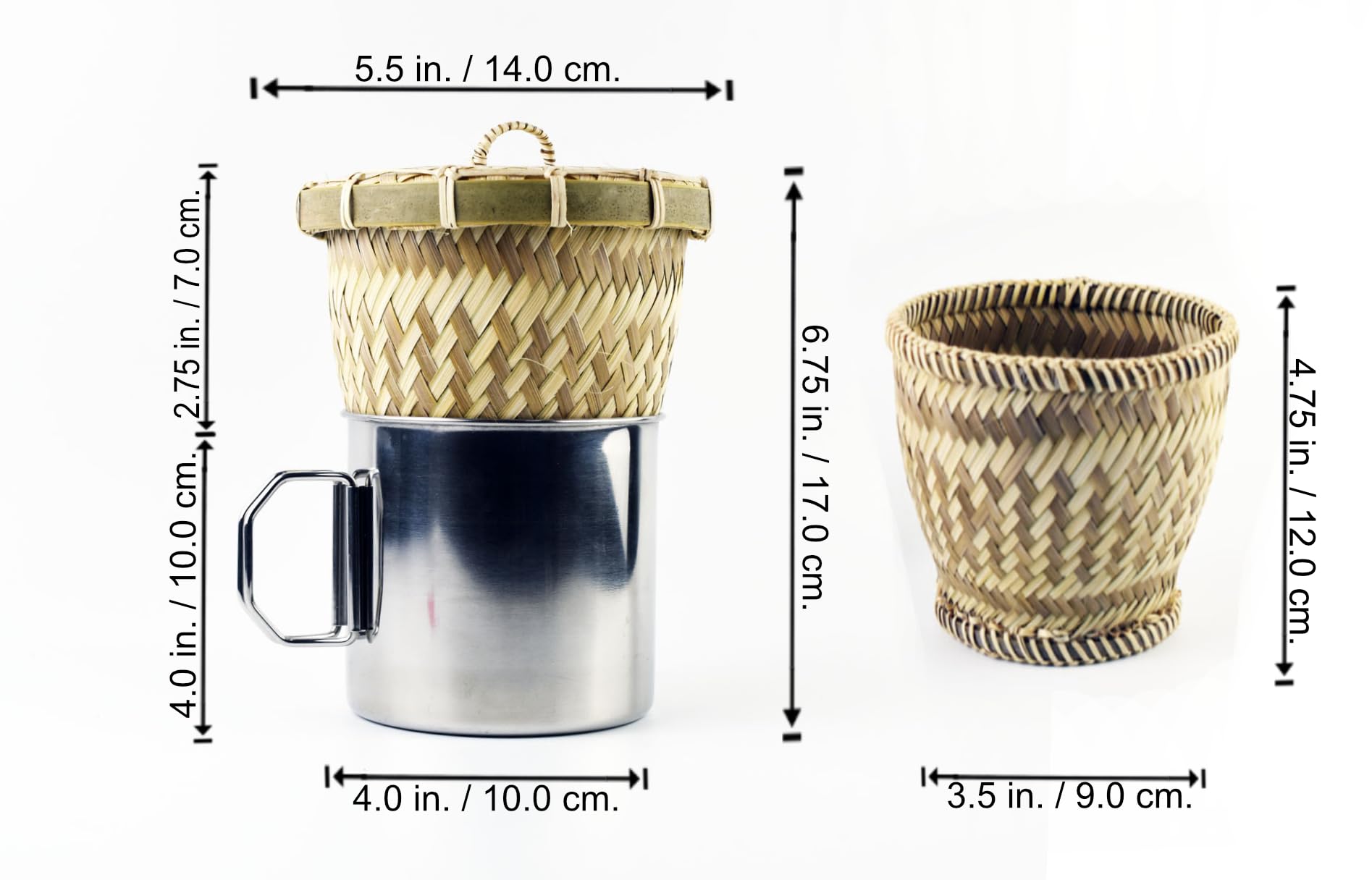Thai Bamboo Sticky Rice Steamer Basket con coperchio e tazza, tradizionale contenitore in vimini intrecciato a mano per riso al vapore, supporto naturale per alimenti caldi e conservati per cucina