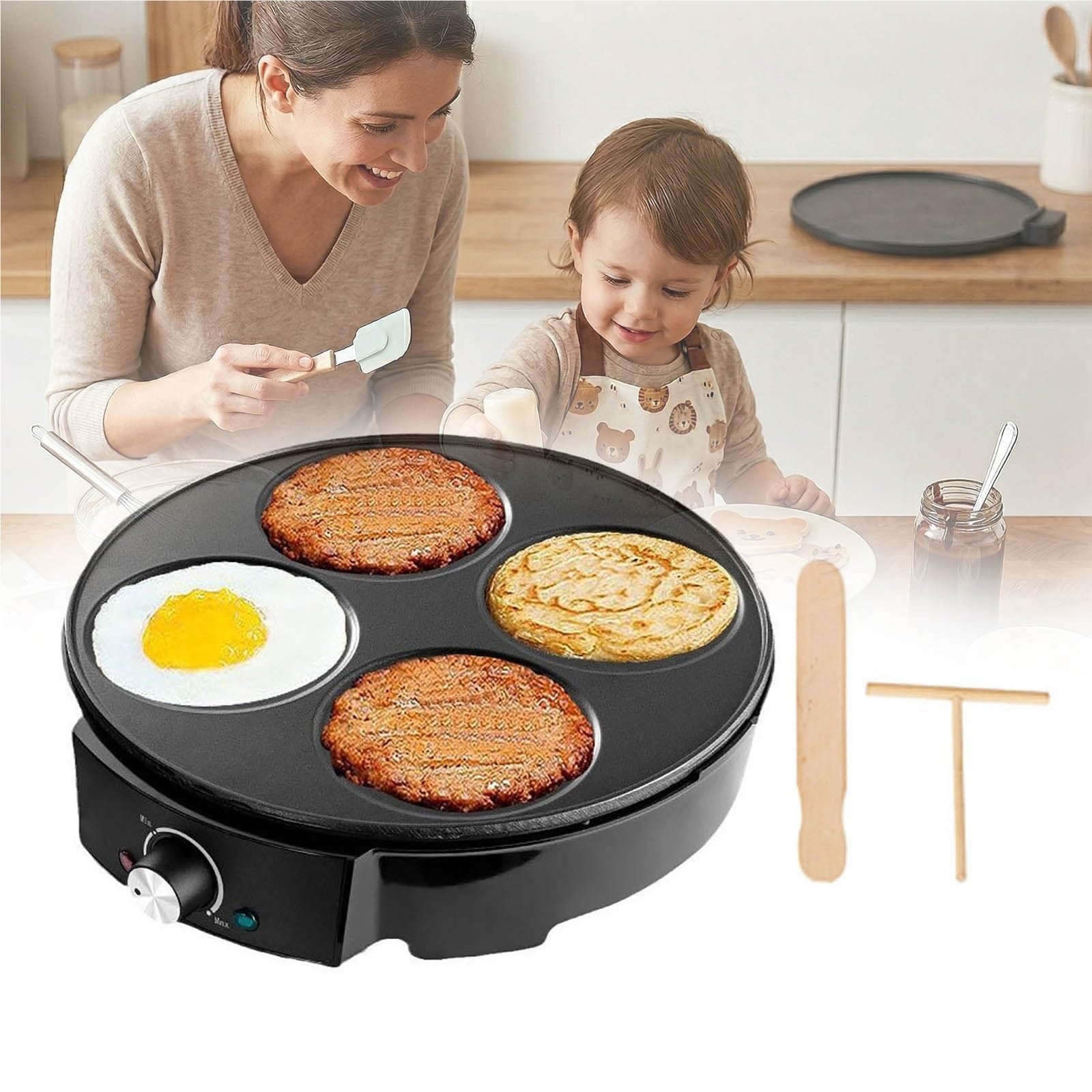 Crepera Electrica de 4 Huecos con Plancha Antiadherente Control de Temperatura 1200W Maquina de Tortitas para Pancakes Huevos Blinis Tortillas Maquina de Desayuno para Cocina Hogar