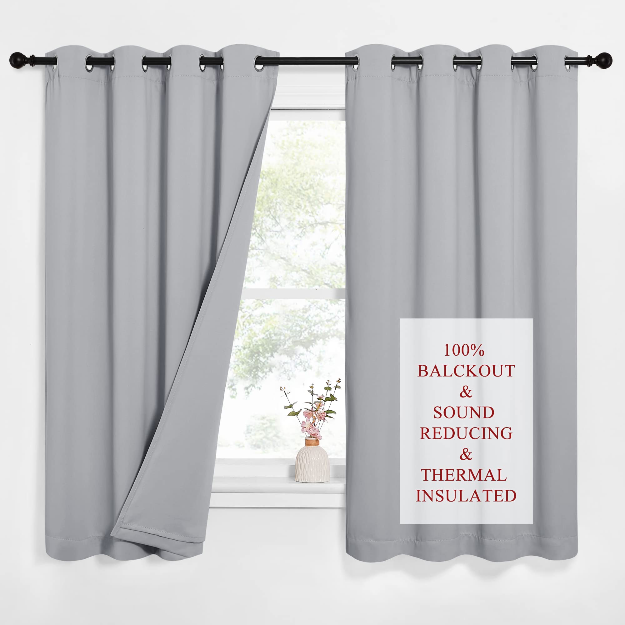 PONY DANCE Silver Grey Blackout Curtains - Soundproof Blackout Curtains with Black Lining Privacy Protected Thermal Curtain for Nursery/Bedroom/Dining Room, 2 Panels,52 x 63 Inch Drop — image 1