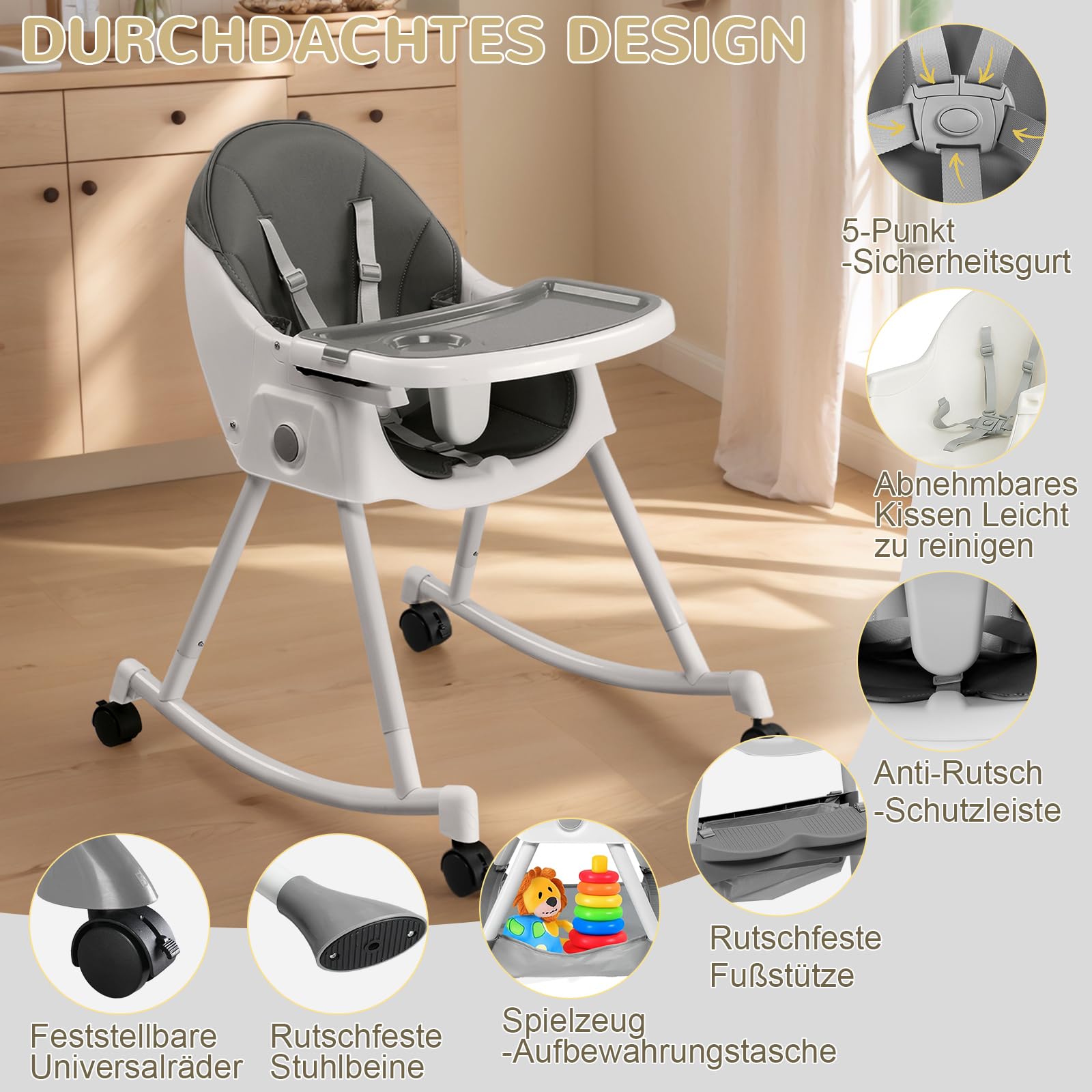 LEADZM Trona 3 en 1 para bebé, se convierte en mecedora, bandeja doble extraíble, trona plegable para bebé con ruedas giratorias y cesta de almacenamiento, para bebés de 6 a 36 meses (gris)