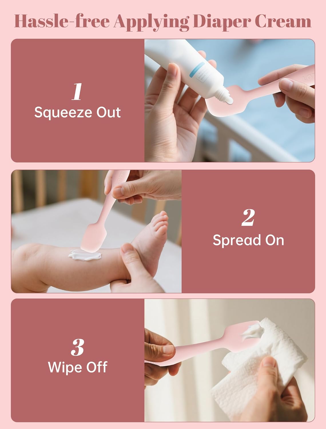 2-Pack Silicone Diaper Cream Spatula, Ergonomic Non-Slip Handle | Ergonomic Non-Slip Handle, Full+Mini Size, Durable Silicone, Easy to Clean, Suction Base, BPA-Free, Dishwasher Safe
