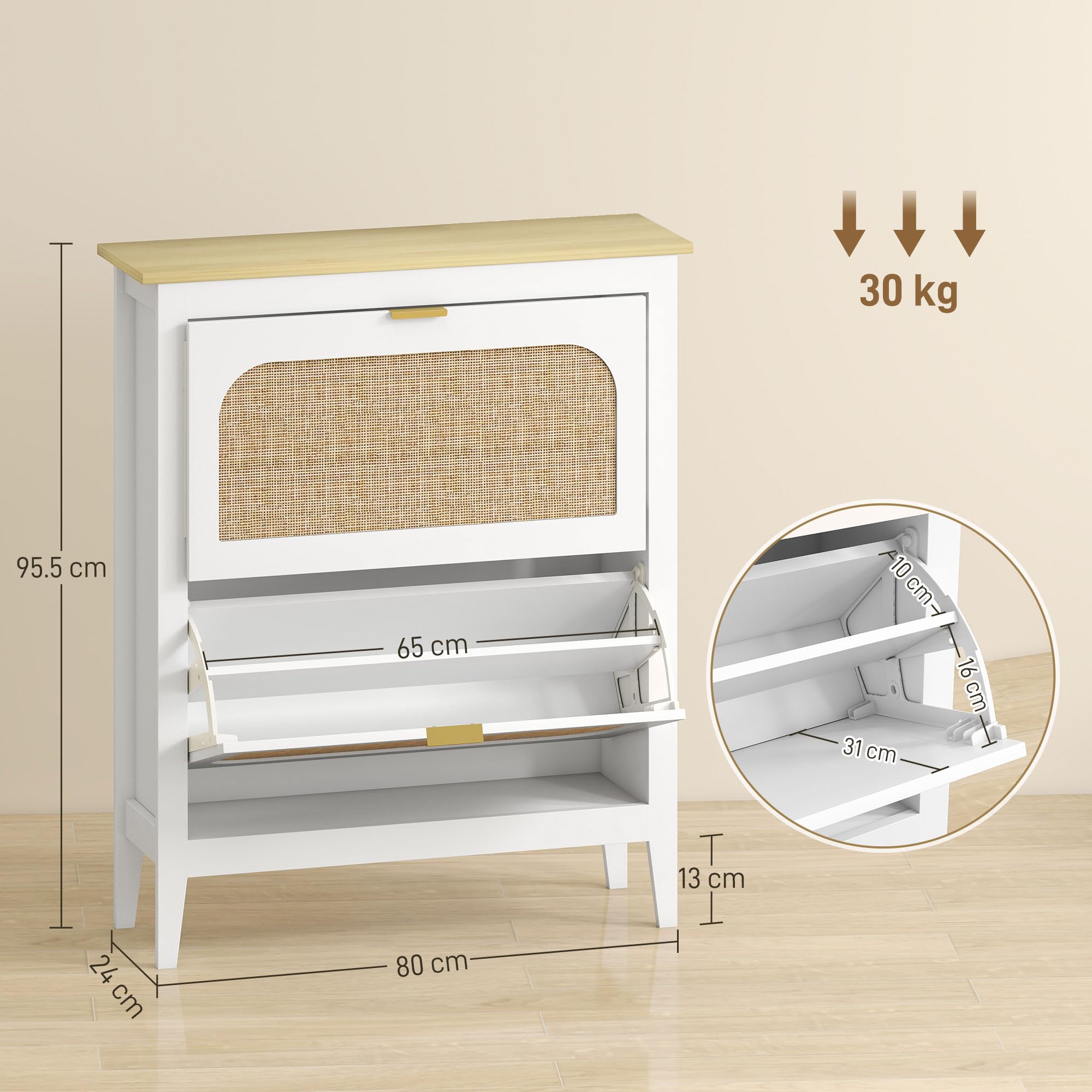 HOMCOM Scarpiera Salvaspazio Slim con 2 Ante a Ribalta Stile Boho in Rattan Scarpiera Ingresso con Ripiani regolabili a 2 livelli Porta Scarpe per 14 paia con maniglia, 80x24x95.5 cm, Bianco