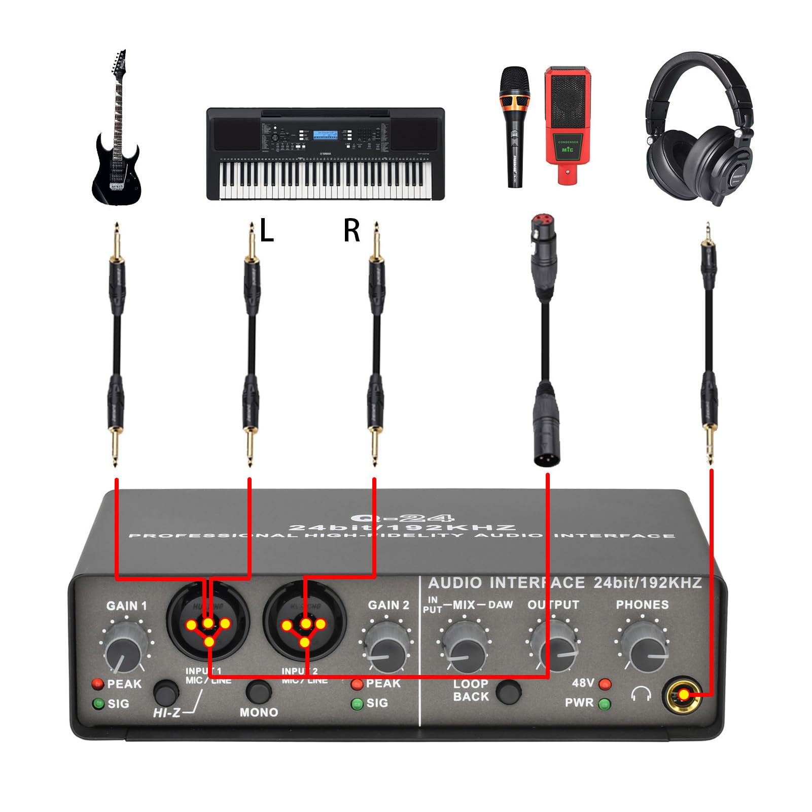 Luocute Interfaz de Audio USB, Tarjeta de Sonido XLR TRS Phantom Power de 2 Canales con 24 Bits 192 KHz para Grabación, Interfaces de Audio de Grabación por Computadora, Transmisión y