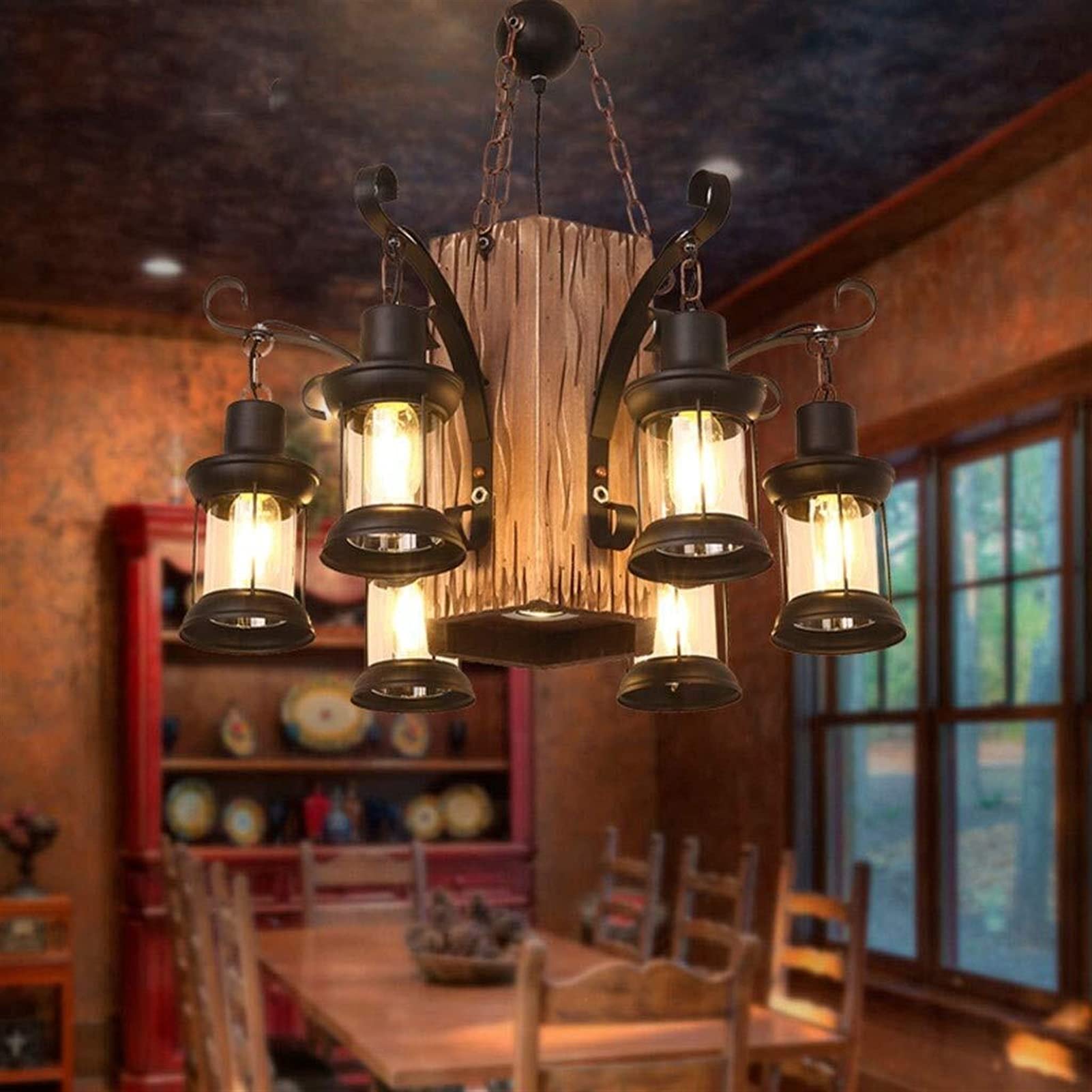 Lampadario in legno nero, ferro battuto, molteplici teste, illuminazione decorativa, illuminazione per terrazze, illuminazione a sospensione per caffè, balconi e bar.