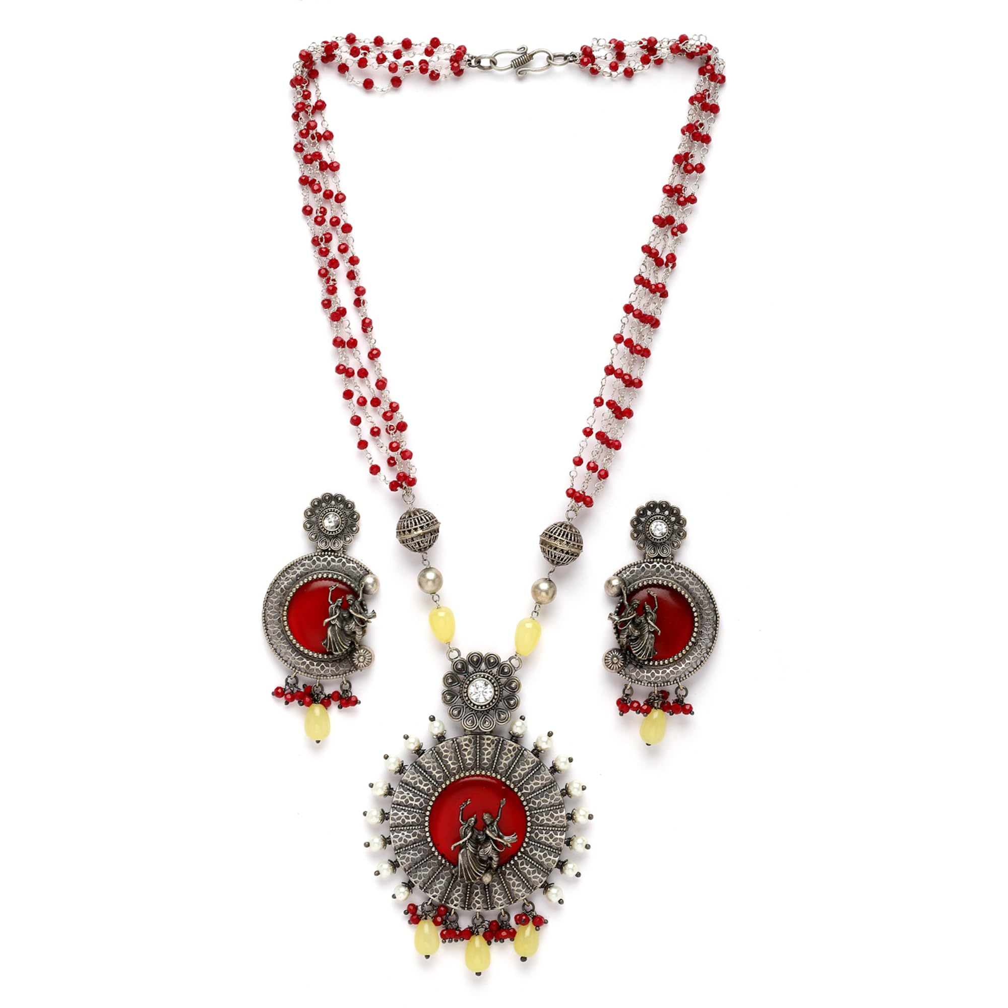 ZENEME Oxidised Silver-Plated Stone Studded & Beaded Antique Matte God Krishna Jewellery Set For Girls and Women (Red) (B0C3HXLTMQ) Amazon Price History, Amazon Price Tracker
