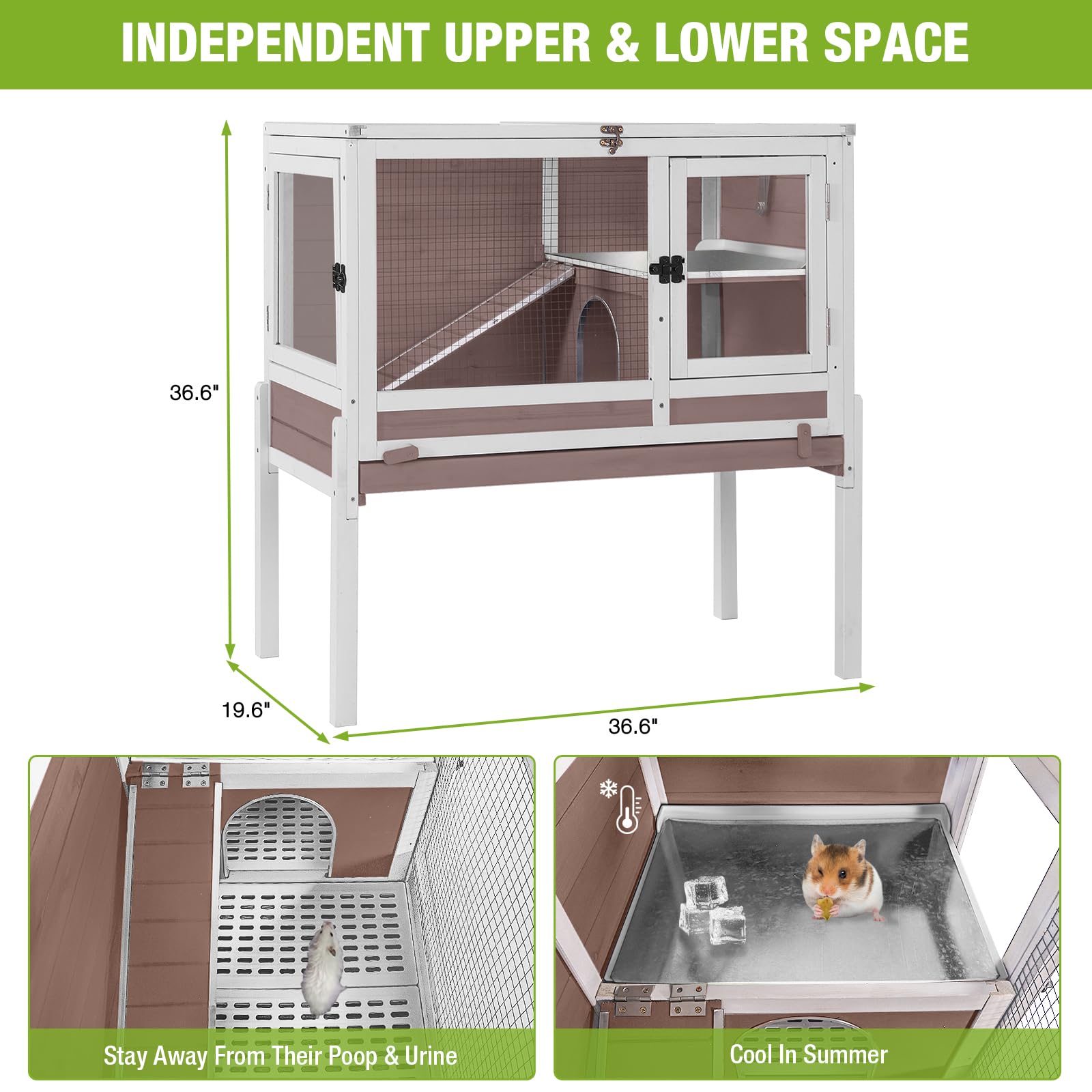 Wooden Guinea Pig Cages Indoor,Two-Story Wooden Rabbit Cage Hutch with Removable Stand and Pull Out Tray, Small Animals Cage Habitat with Ramp and Plastic Mesh(Brown&White)