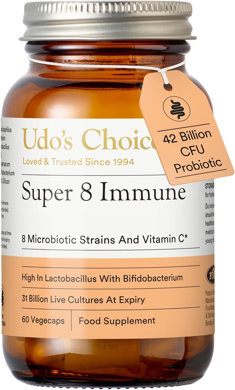 High Strength Probiotics – Udo's Choice Super 8 Immune – 42 Billion Cell Count with Vitamin C for Immune Support – 8 Human-Adapted Strains – Gut & Digestive Health – 60 Capsules