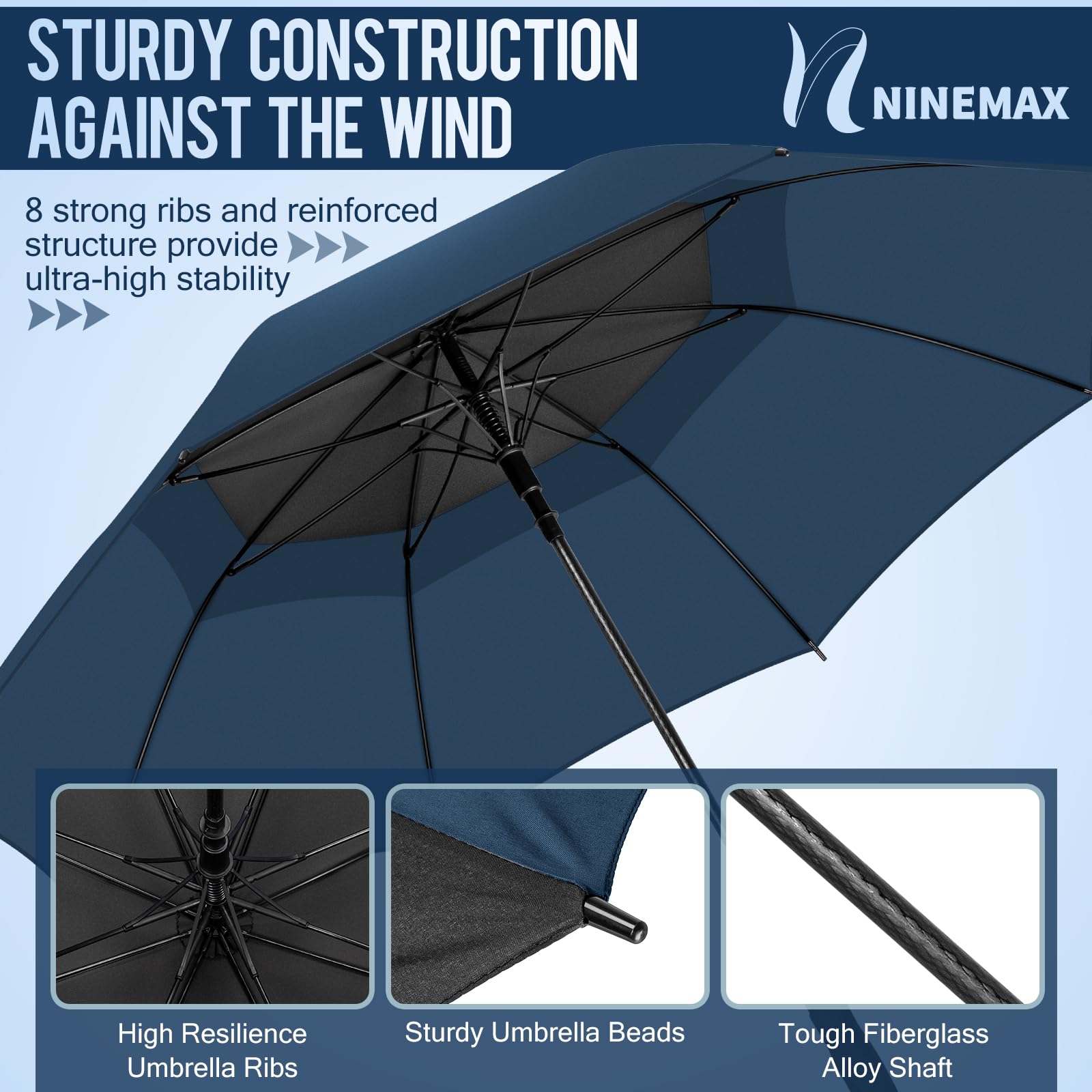 NINEMAX Ombrello Golf Grande 62/68 Inch Ombrello Pioggia Grande Antivento Doppia Copertura con Apertura Automatica
