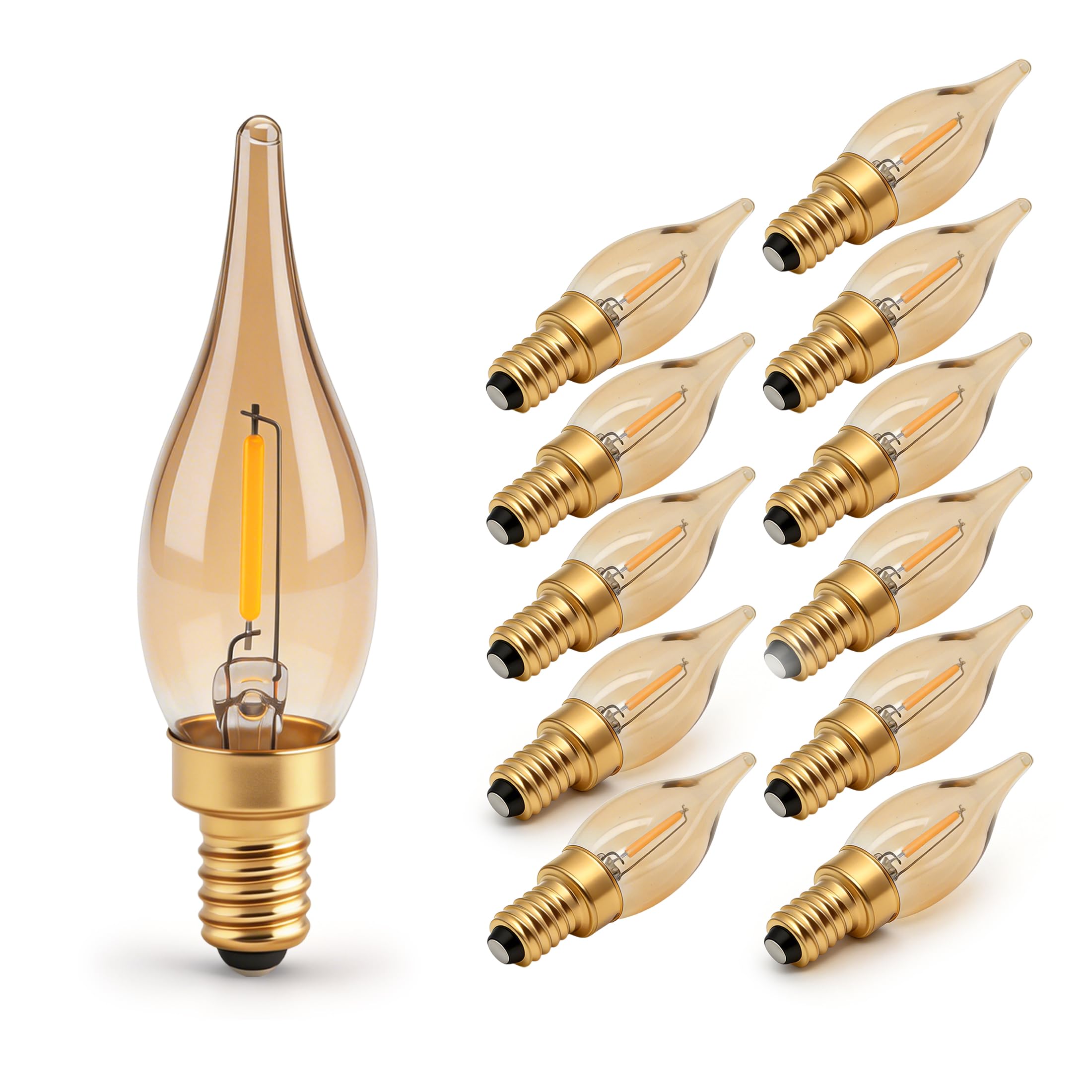 Ruiandsion Lampadina a Filamento E14 CA7 in Vetro Ambra, 220-240V 2200K Bianco Caldo Bagliore Ambra, Confezione da 12, Lampada SES Vintage per Atmosfera Domestica, Allestimento Festivo