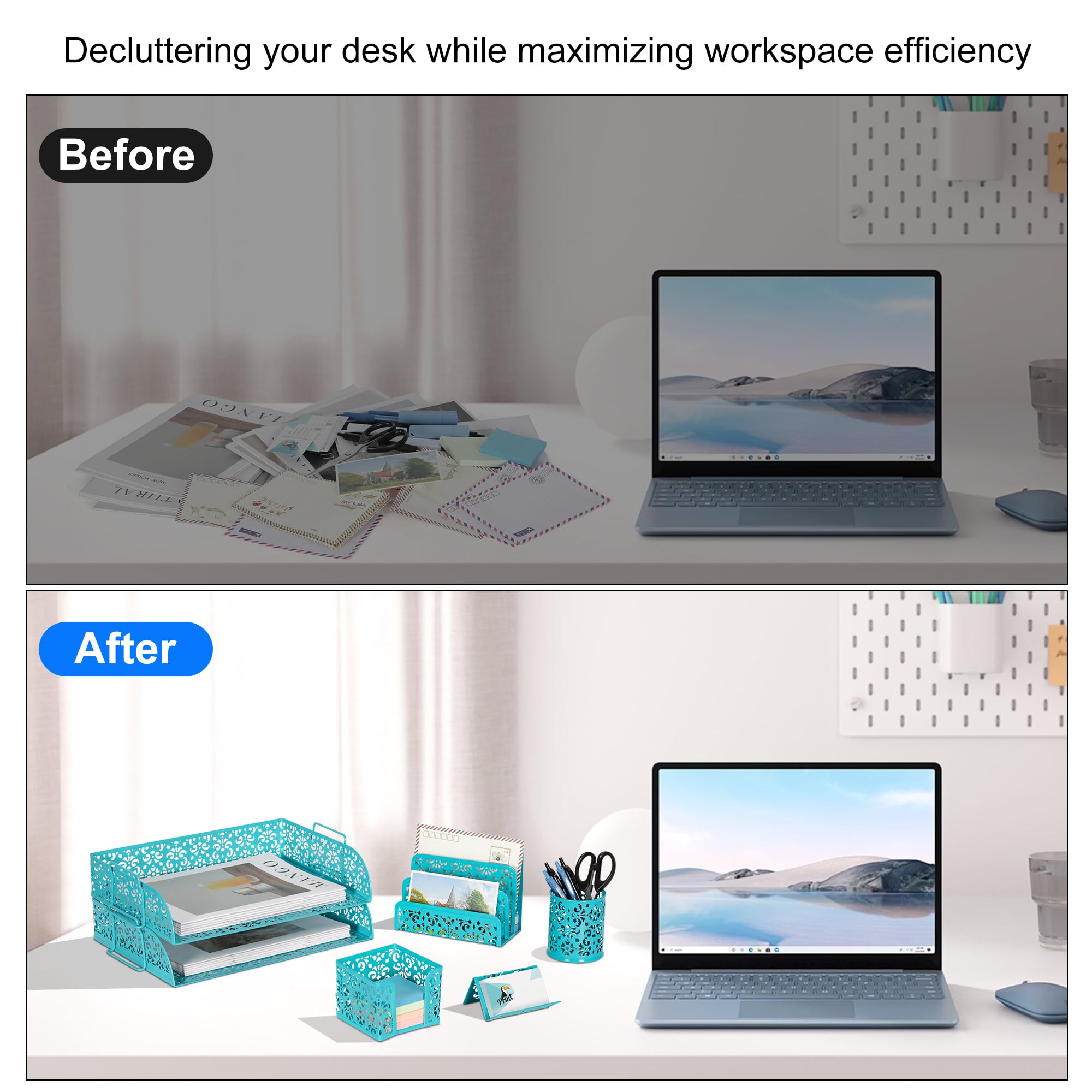 Easypag 5 in 1 organizer da scrivania set – 2 ripiani impilabili Desk Letter Tray, Letter Sorter, portapenne, porta biglietti da visita e stick note Holder Dark Teal