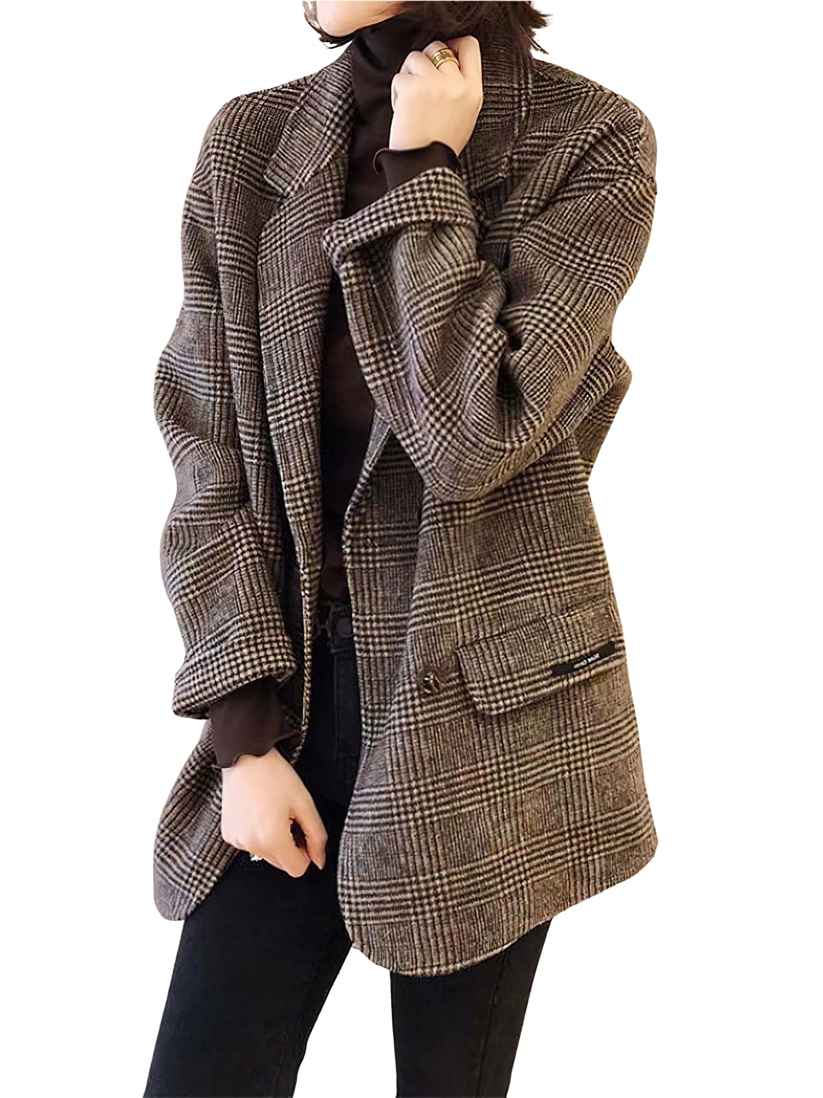 ebossy Womens Double Breasted Plaid Blazer Jacket Loose Fit Button Up Wool Blend Coat with Pockets