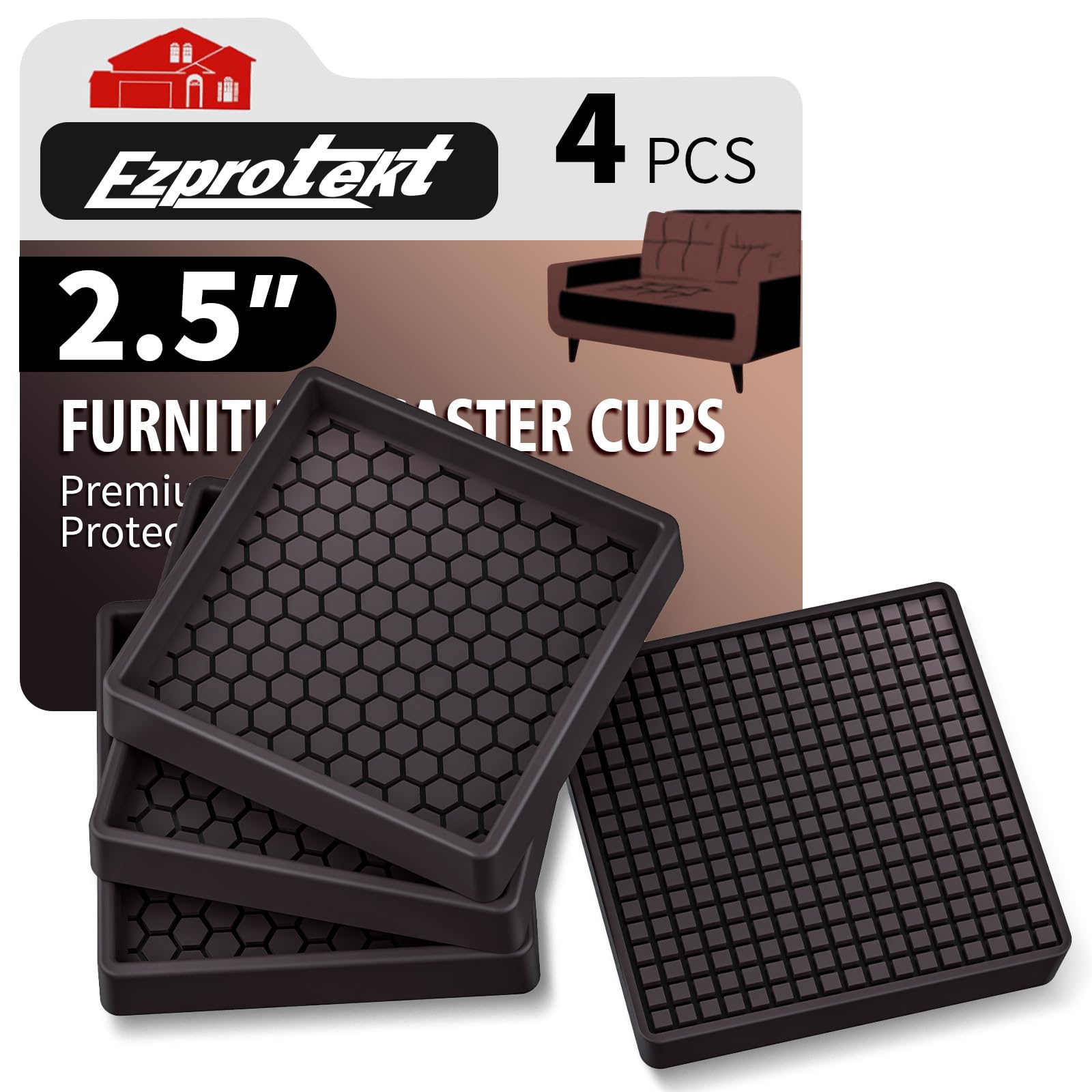 Ezprotekt Non Slip Furniture Pads, 4 Pcs 2.5" Rubber Caster Cups, Anti Skid Furniture Coasters for Hardwood Floors, No Slide Furniture Gripper, Floor Protector for Bed Couch Furniture Stoppers (Brown)