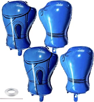 4Pcs Inflatable Boxing Gloves Balloons, Boxing Birthday Party Decorations, Wrestling Party Supplies Balloons for Boys Men Fight Sports Theme Boxer Party Decor Blue
